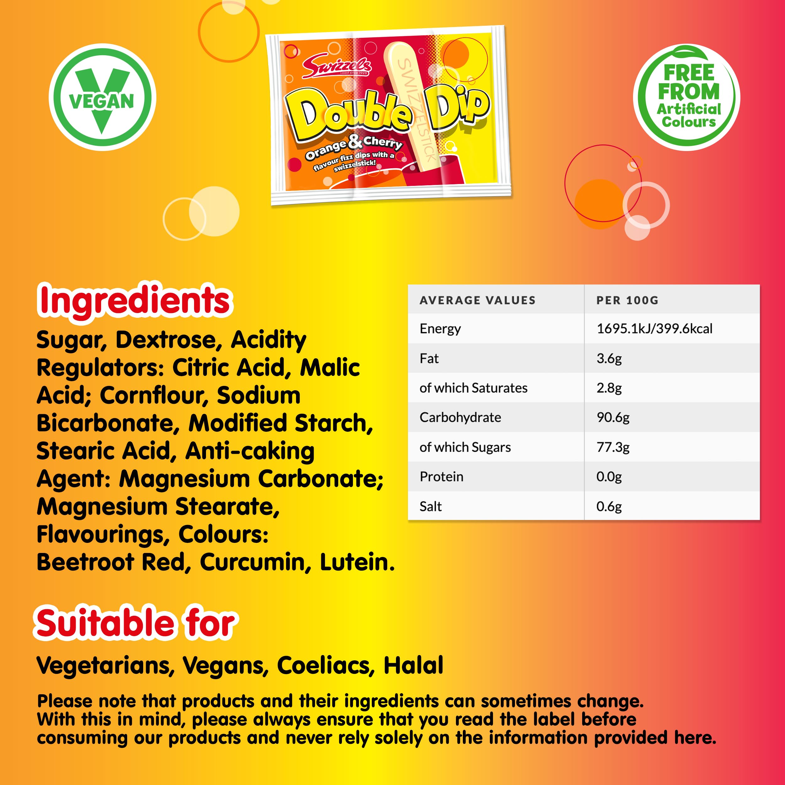 Swizzels Orange and Cherry Double Dip Sherbet Sweets - 36 Sachets (Fizzy Sherbet Dip, No Artificial Colours, Made in UK)