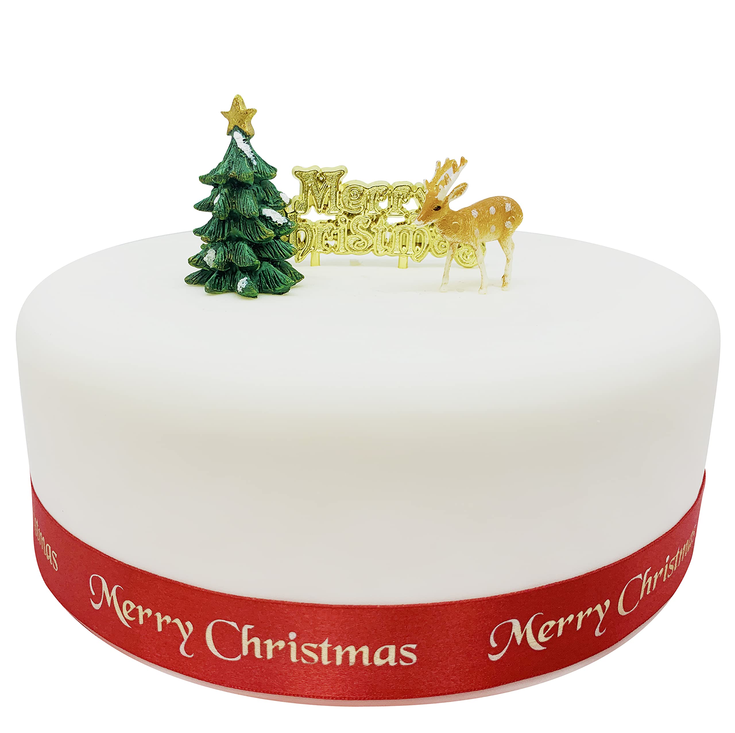 Anniversary House 3pc Christmas Cake Topper Set - Resin Tree, Plastic Reindeer & Gold Motto | Non-Edible
