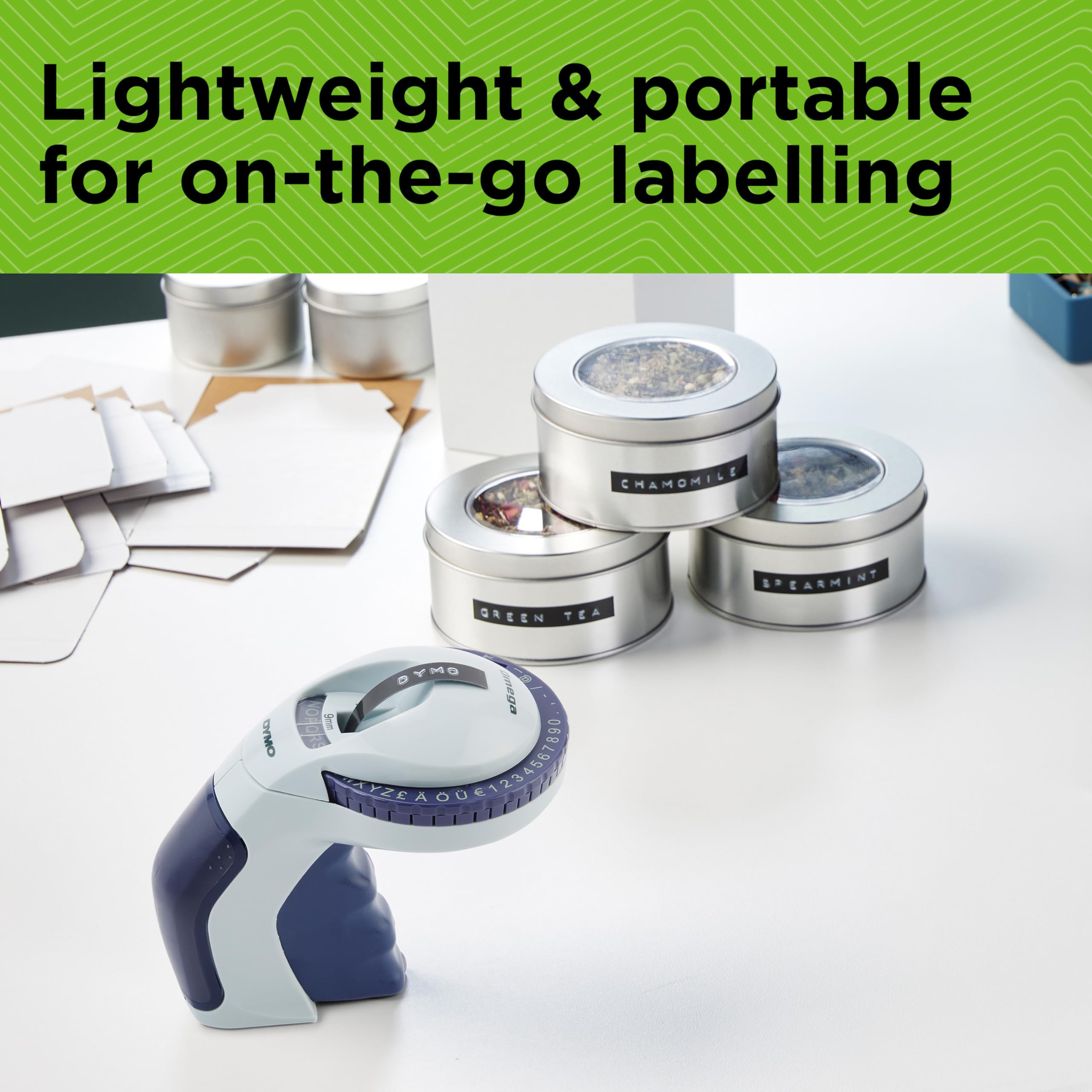 Dymo Omega Embossing Label Maker with 3 Label Tapes | Portable Handheld Design | 49-Character Wheel