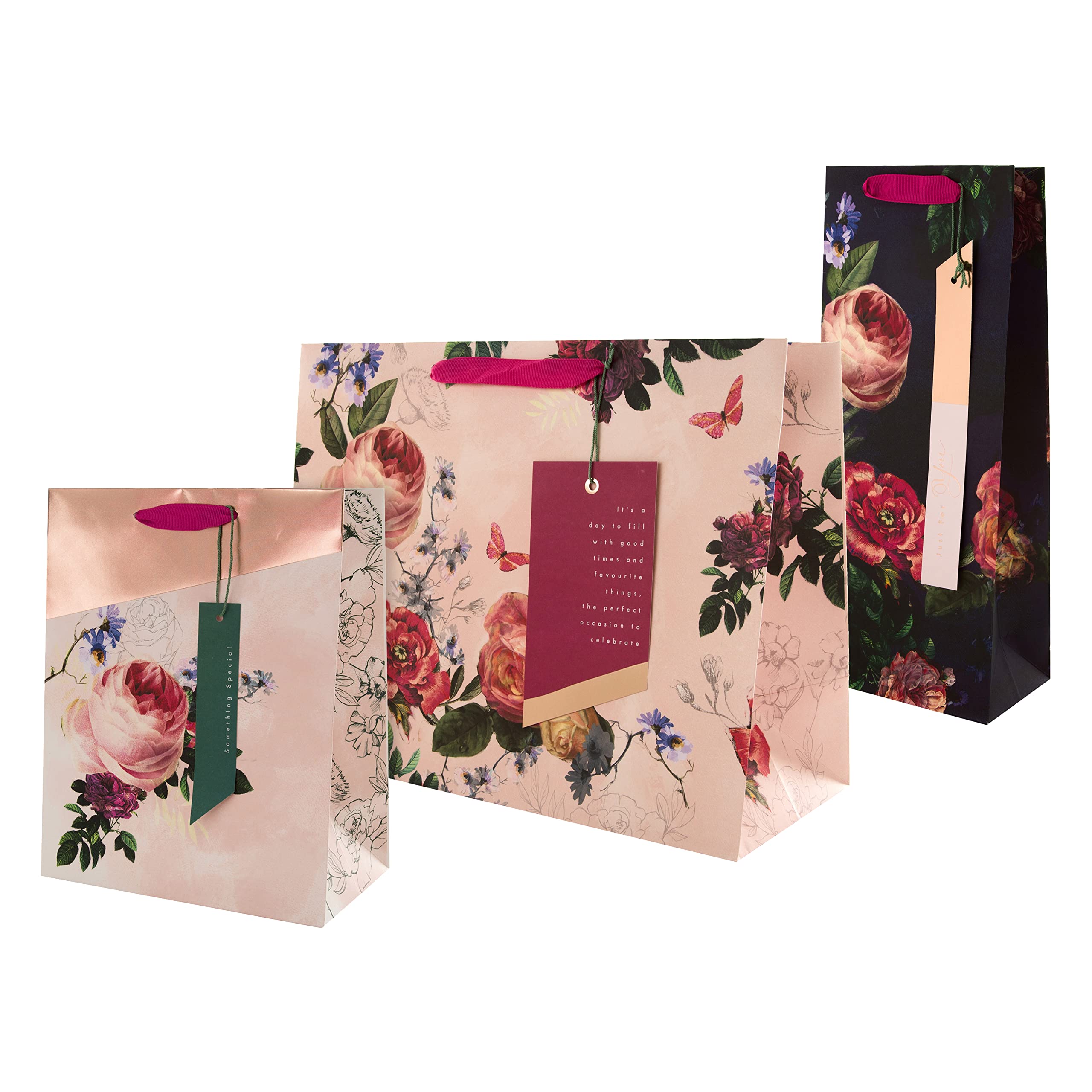 Hallmark Gift Bags - Pack of 3 (Large, Medium, Bottle) | Pink Floral with Rose Gold Foil