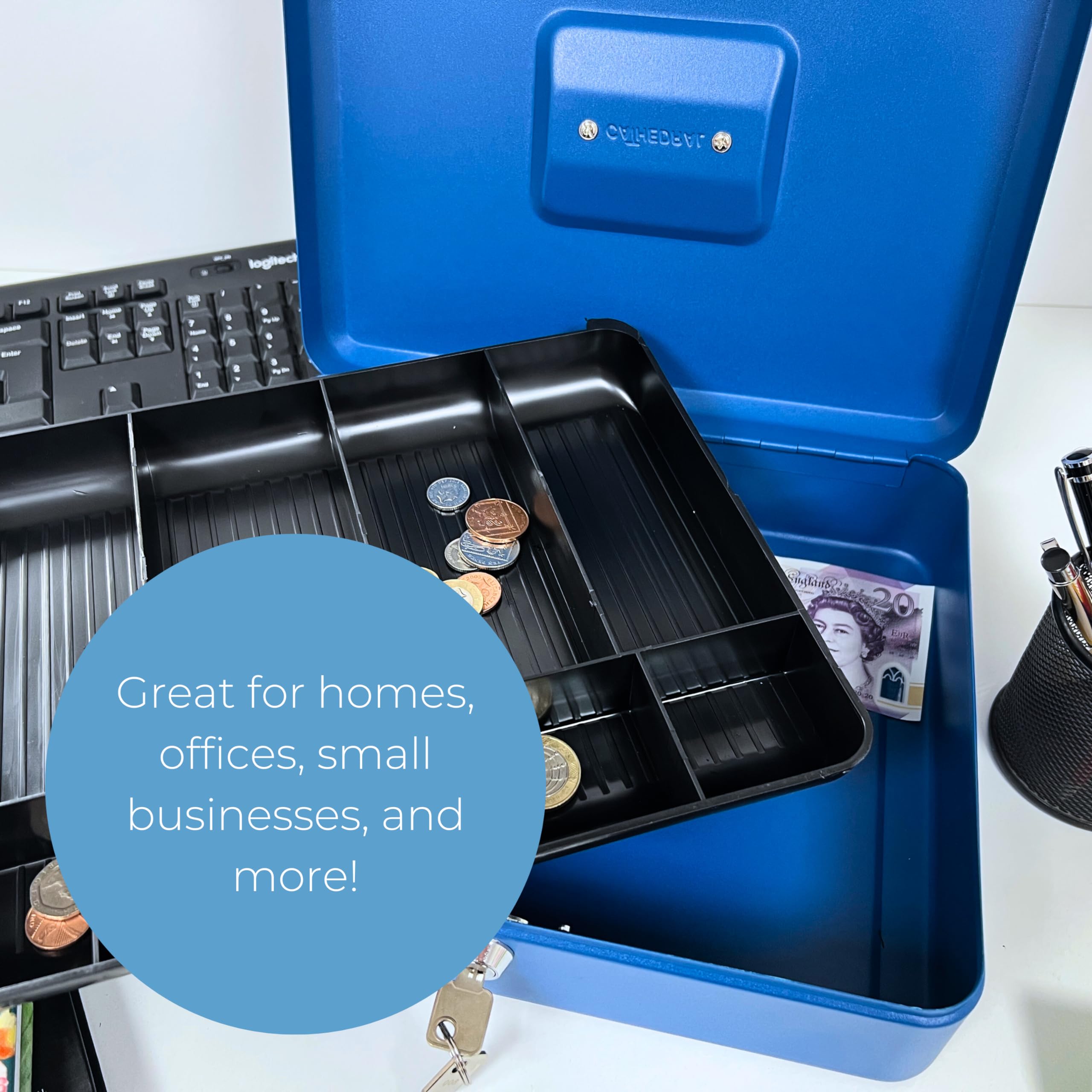 Cathedral Products Key Lockable Cash Box with 6 Compartment Coin Tray - 8 Inch - Blue 5