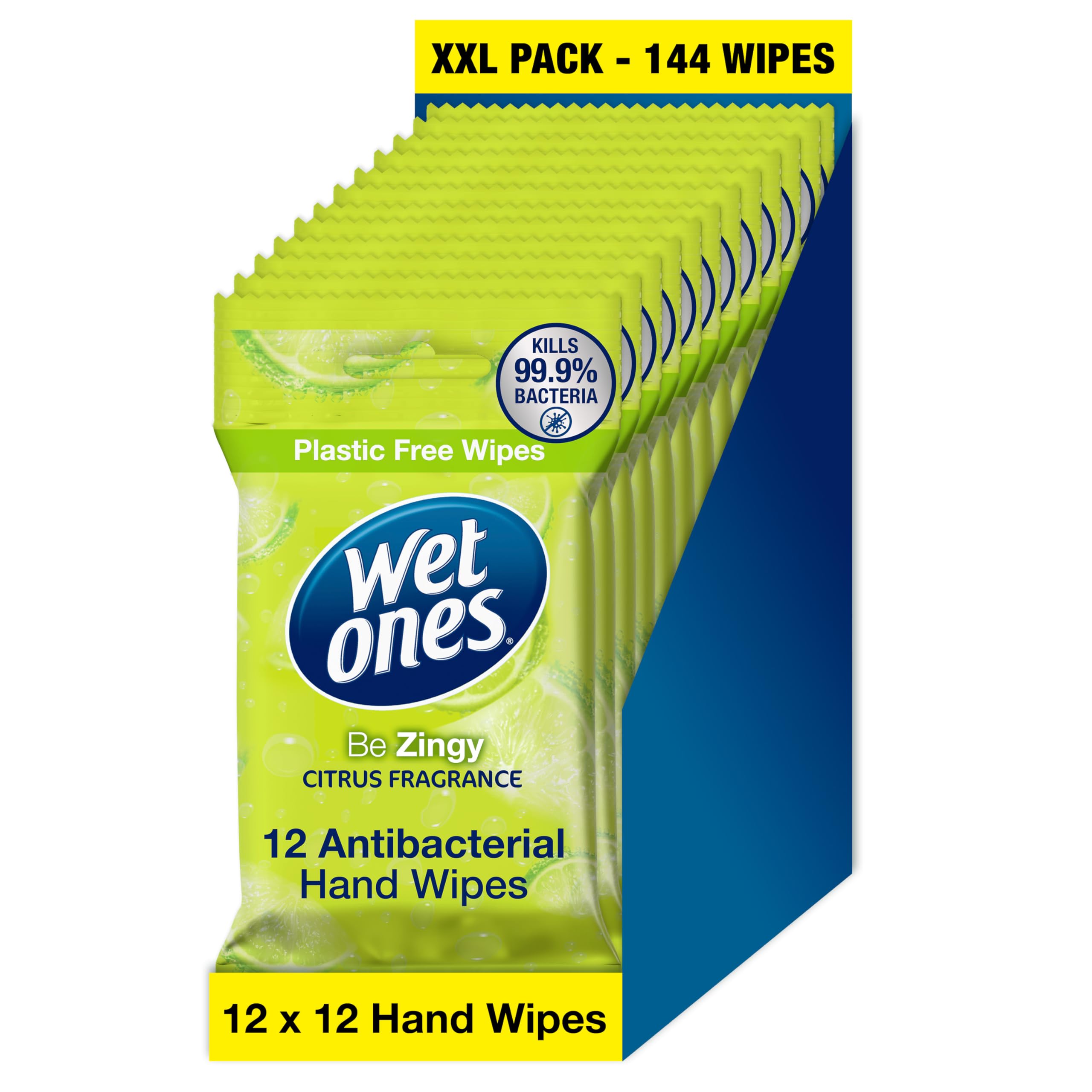 Wet Ones Plastic Free Antibacterial Pocket Size Hand Wipes, Citrus Scent, 144 Count