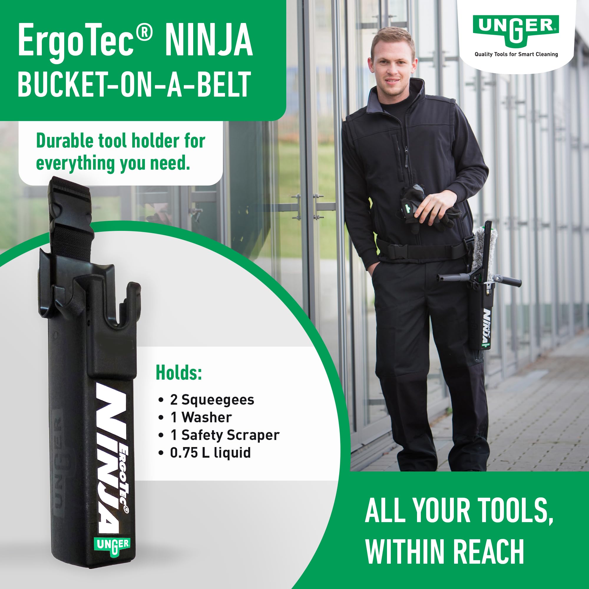 Unger ErgoTec NINJA Window Cleaning Tool Holder Bucket on a Belt | Durable Plastic Storage | 236g