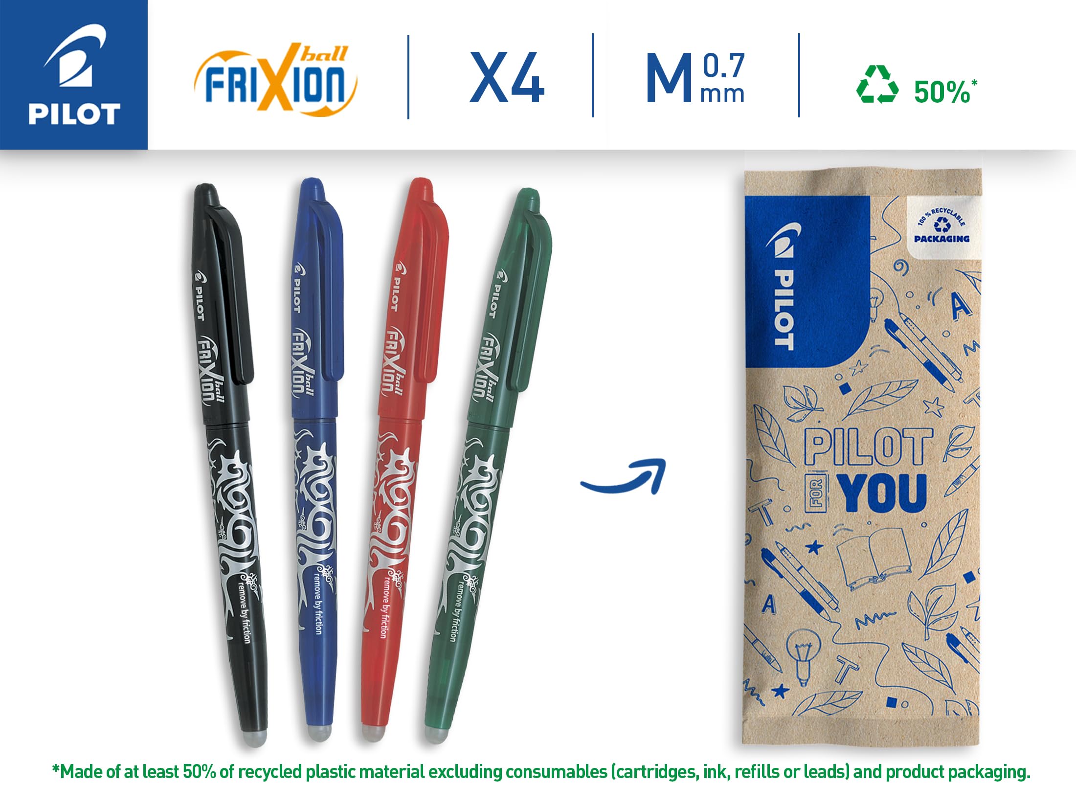 PILOT FriXion Erasable Rollerball Pen - Medium 0.7mm Point | 4-Pack Black Blue Red Green Ink 2