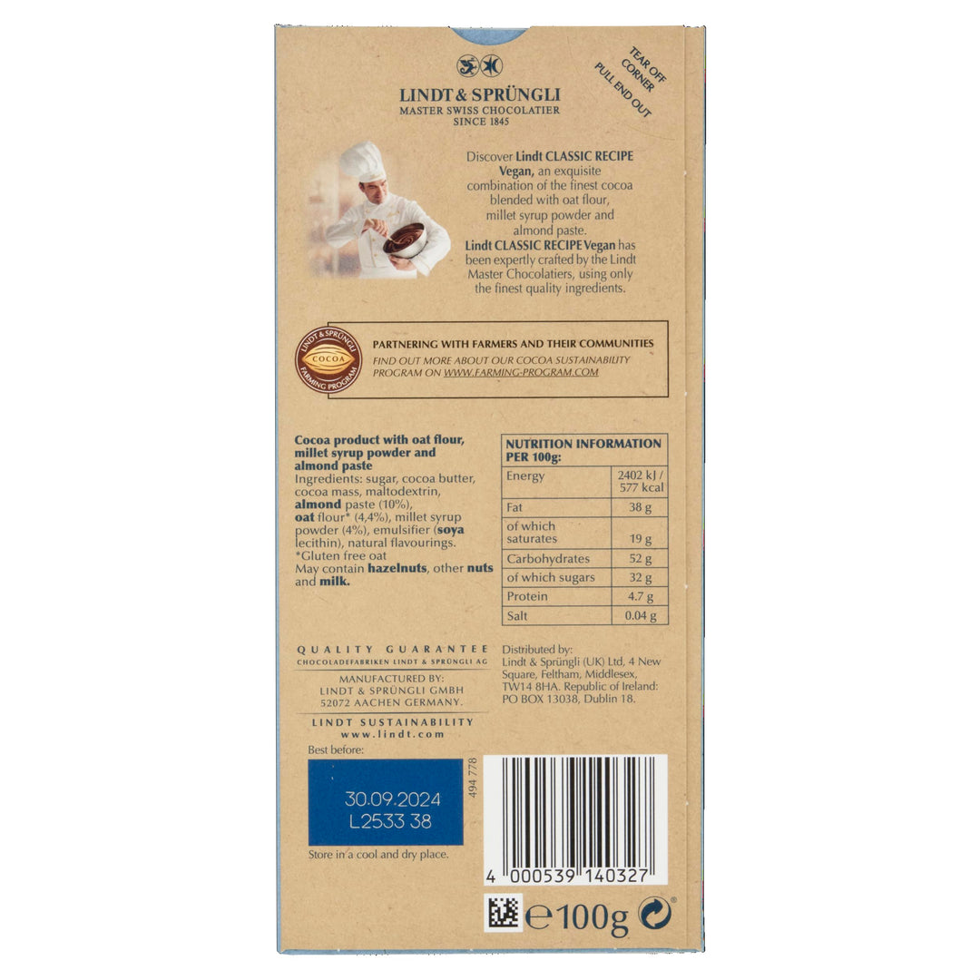 Lindt Classic Recipe Vegan Chocolate Bar, 100g - Creamy Oat Milk Chocolate with Almonds
