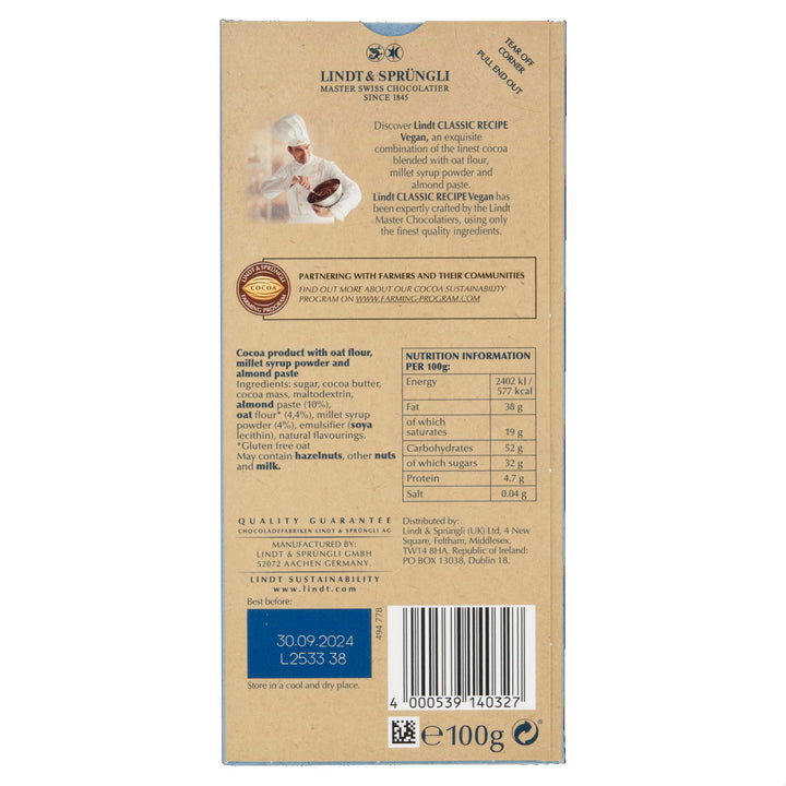 Lindt Classic Recipe Vegan Chocolate Bar, 100g - Creamy Oat Milk Chocolate with Almonds