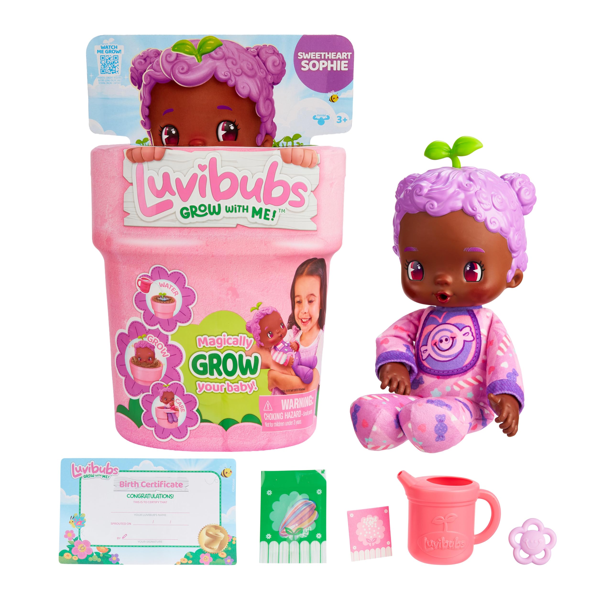 LUVIBUBS Sweetheart Sophie Baby Doll - Grows from Flower Pot, Transforms to Highchair | Ages 3+