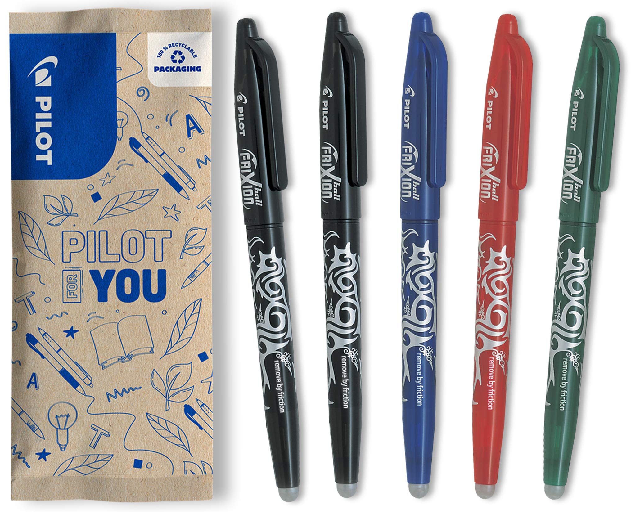 PILOT Frixion Erasable Rollerball Pen - 0.7mm Tip, Pack of 5 (2 Black, 1 Blue, 1 Red, 1 Green) 1