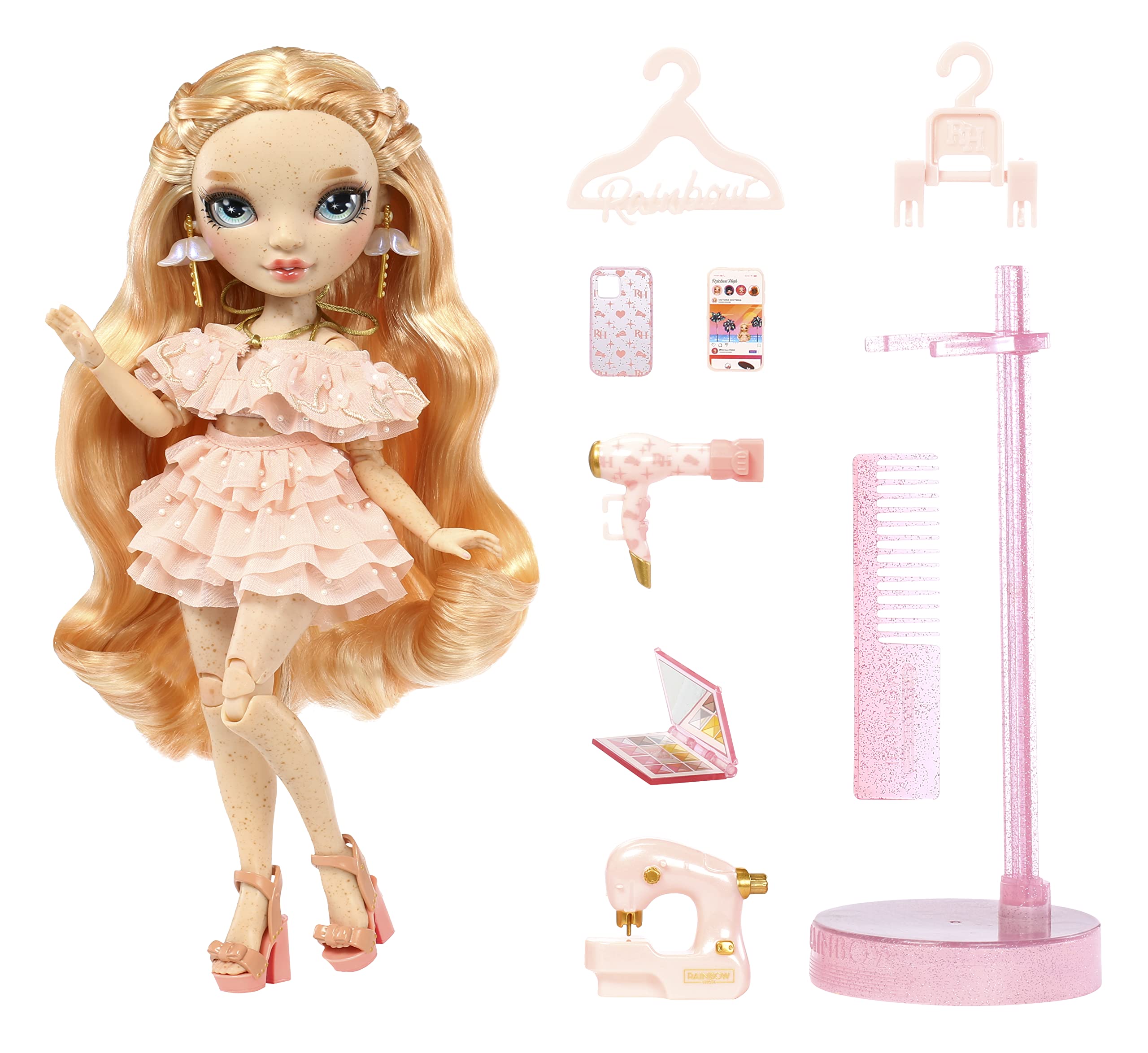 Rainbow High Fashion Puppe – Victoria Whitman mit Sommersprossen – Hellrosa Outfit &amp; 10+ Spielzubehör