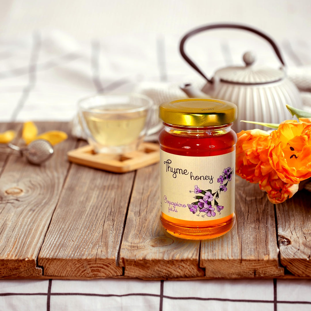 Melissokomiki Dodecanese Greek Honey Gift Set with Wooden Dipper – Raw Thyme & Pine Honey (130g each)