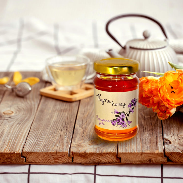 Melissokomiki Dodecanese Greek Honey Gift Set with Wooden Dipper – Raw Thyme & Pine Honey (130g each)