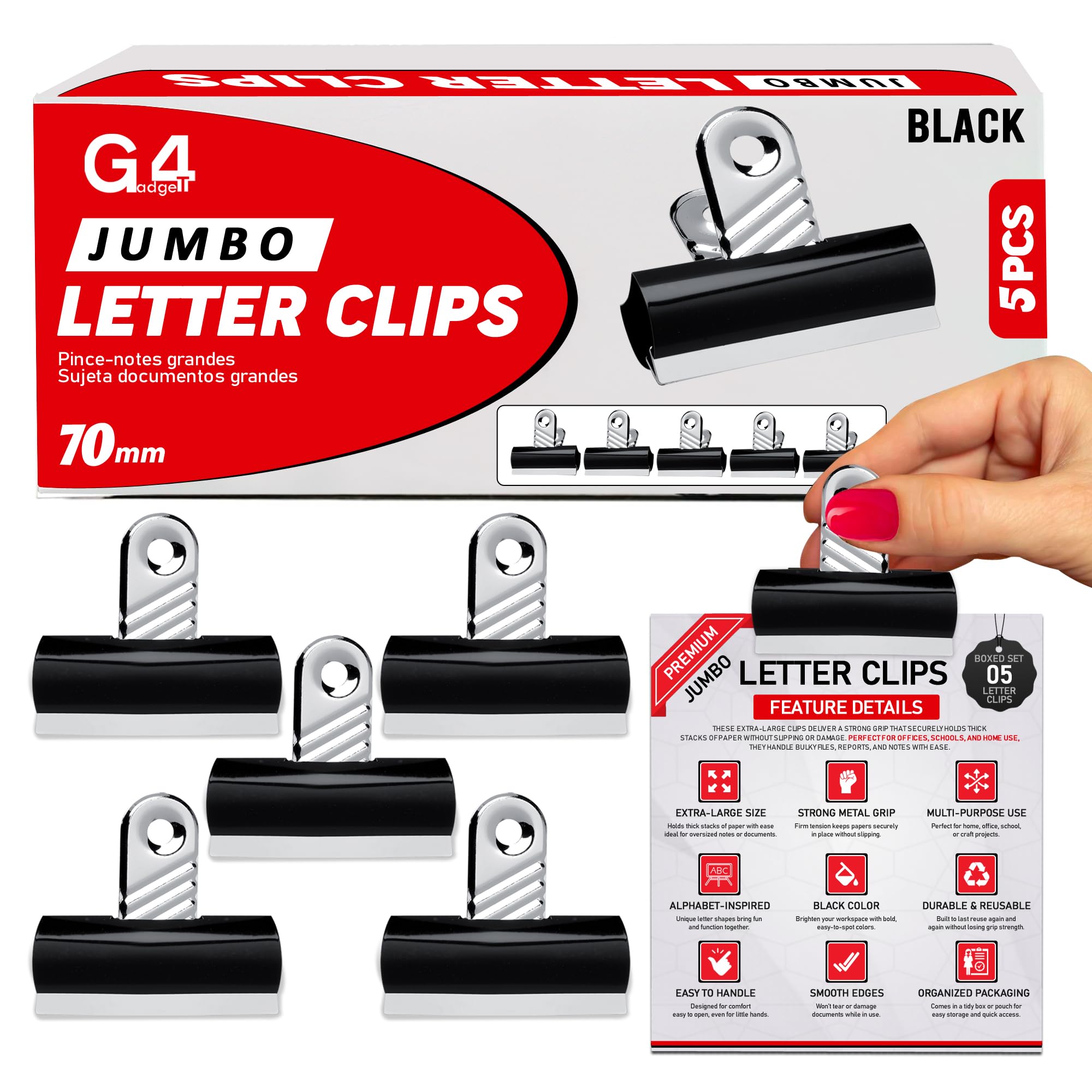 G4GADGET Jumbo Black Bulldog Clips - 70mm Heavy-Duty Metal Binder Clips | Pack of 5 | Rust-Resistant 1
