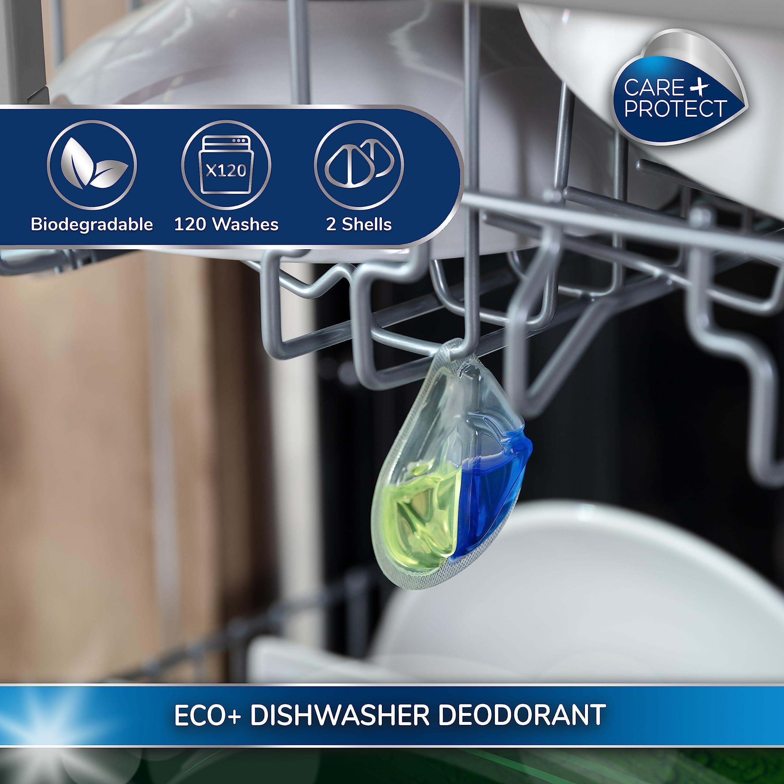CARE + PROTECT ECO+ Dishwasher Deodorant - Lemon Fragrance | 2 Shells | Up to 120 Washes