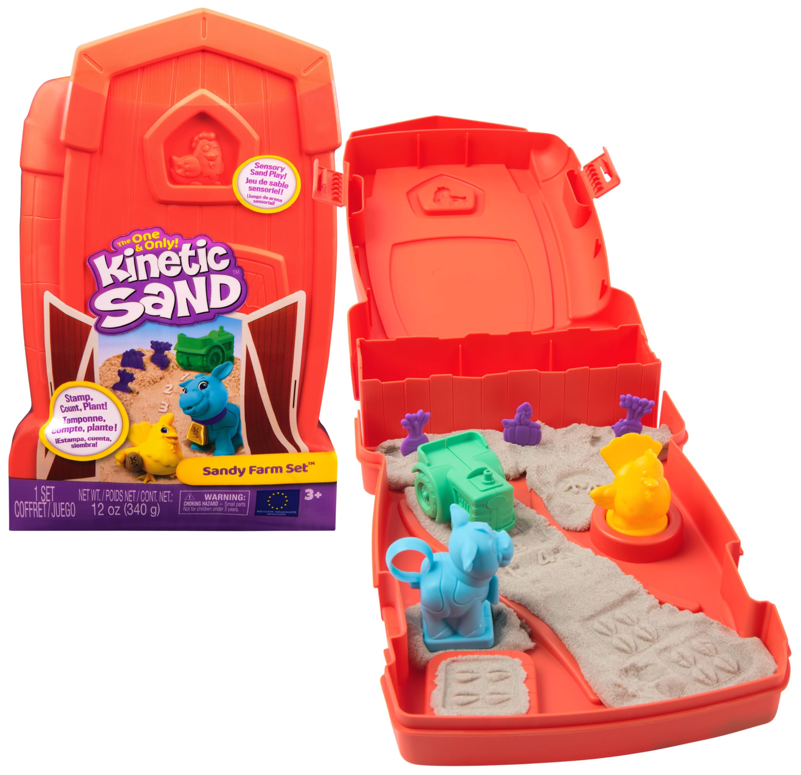 Kinetic Sand Sandy Farm Set with 340g Play Sand, 6 Tools and Moulds, Reusable Barn Storage Case 1