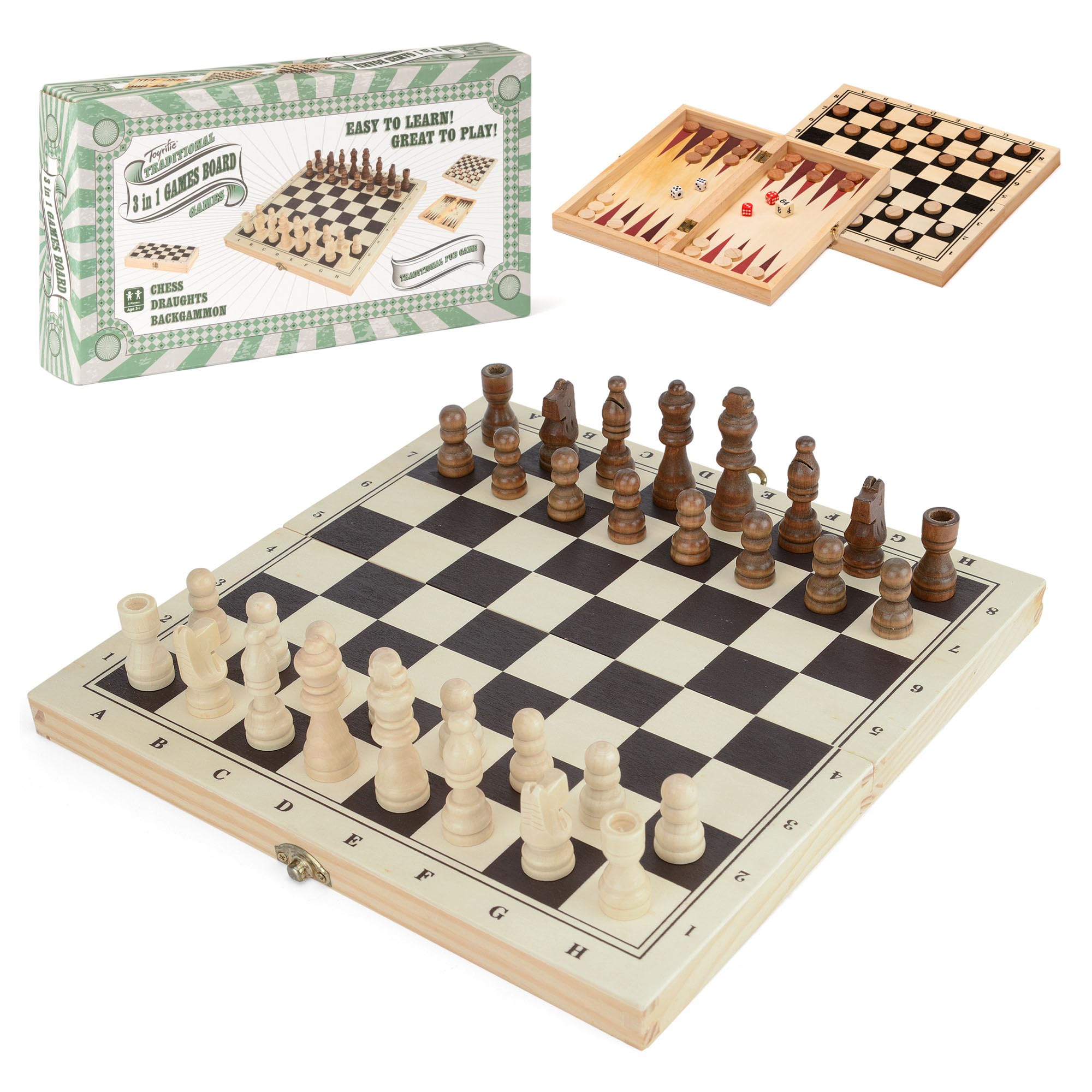Toyrific 3-in-1 Classic Edition Chess, Draughts & Backgammon Set | Wooden Board | 2 Players