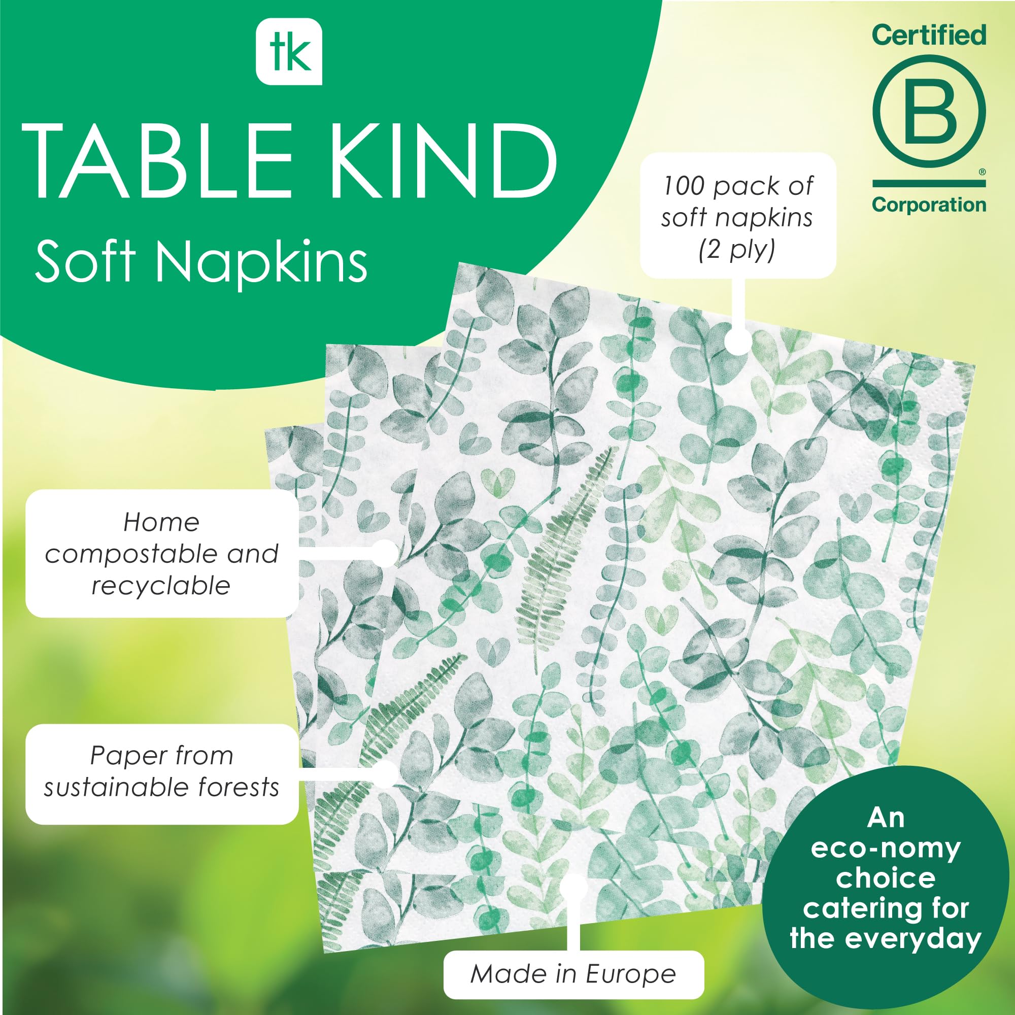 Talking Tables Table Kind Soft Paper Napkins - 100 Pack Eucalyptus Green Leaf Design | 2ply 33cm 2
