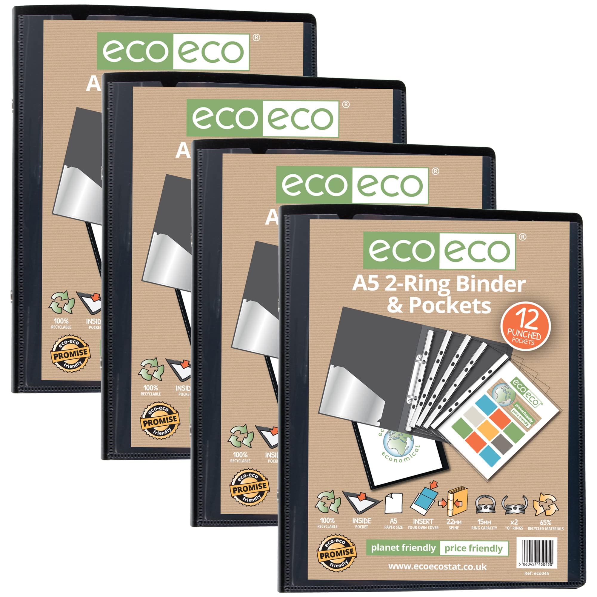 eco-eco A5 Presentation Ring Binder - 15mm Capacity, Pack of 4 | Black, Recycled Material