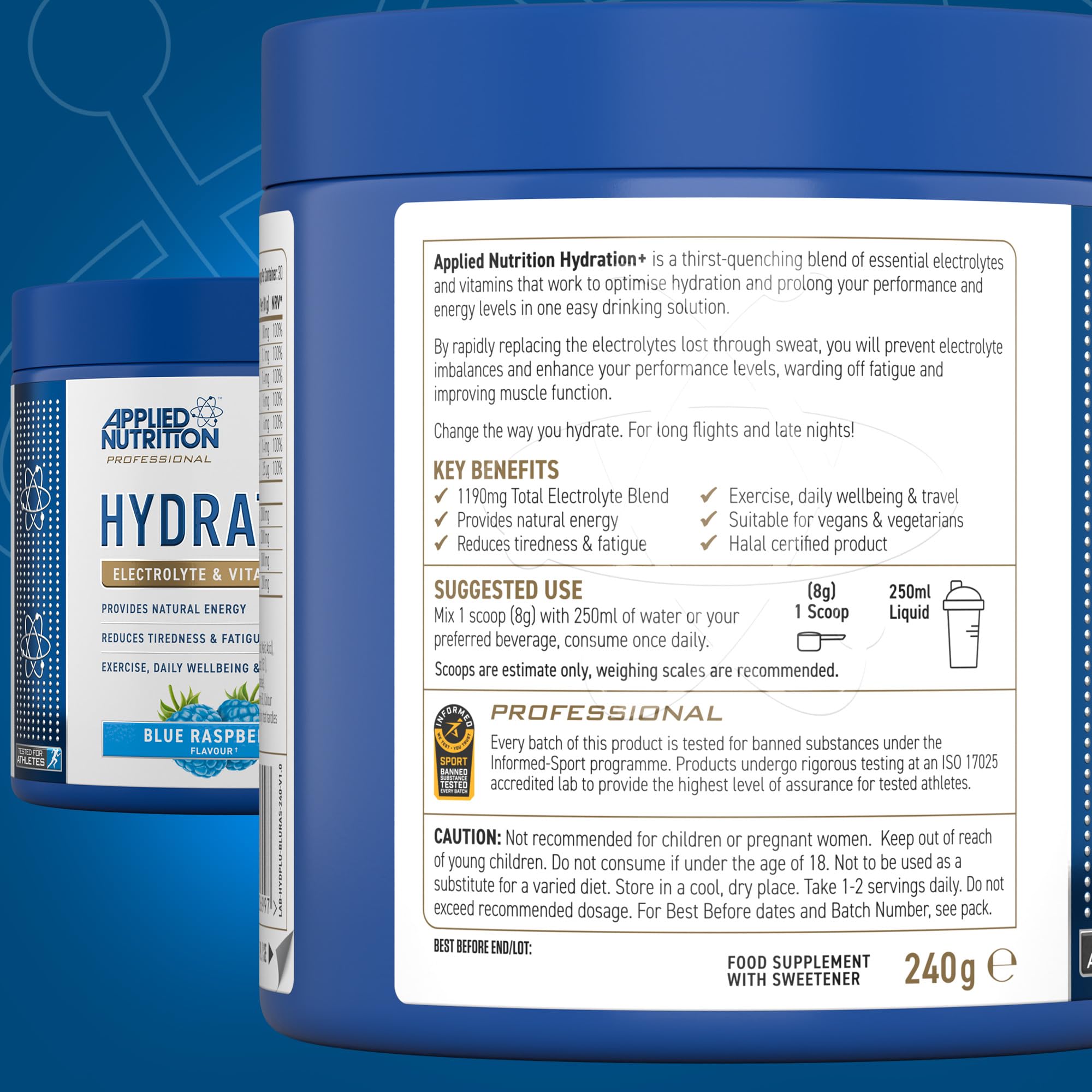 Applied Nutrition Hydration+ Electrolytes & Vitamin Powder Sugar-Free | 240g Tub | Vegan, Halal 7
