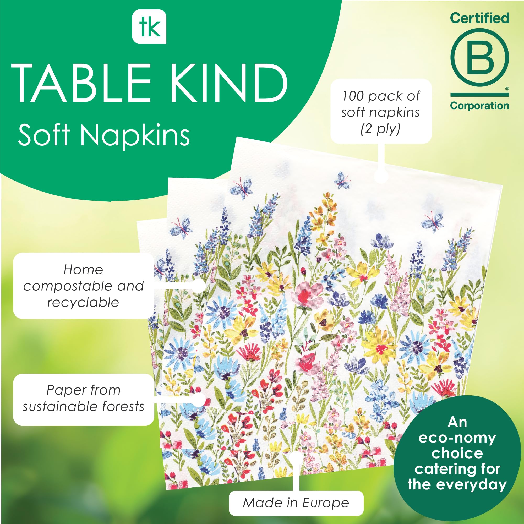 Talking Tables Table Kind - 100 Soft Recycled Paper Floral Napkins | 2ply 33cm | Compostable 2