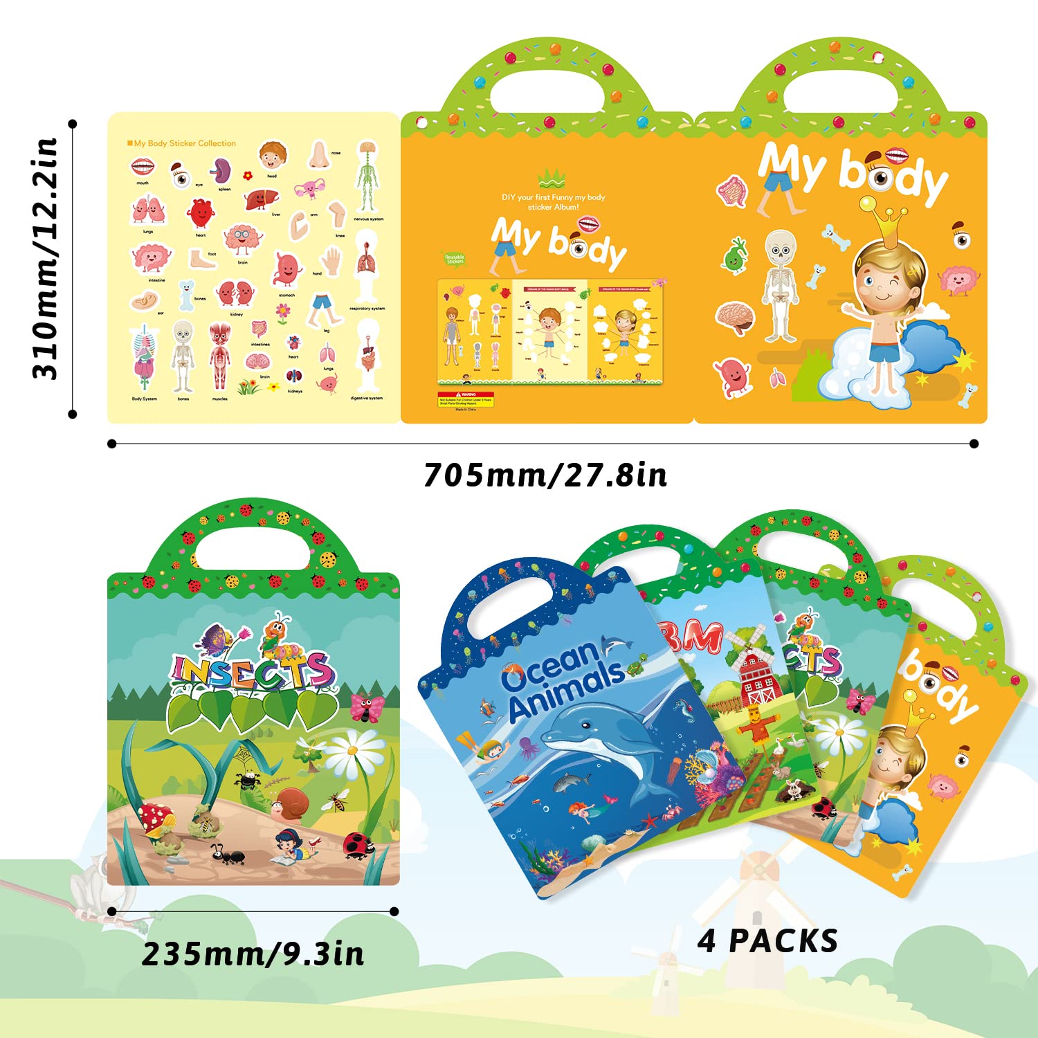 GUYUCOM Reusable Sticker Books 4 Pack - Ocean, Farm, Insect, Body Themes | Educational Learning Toy 5