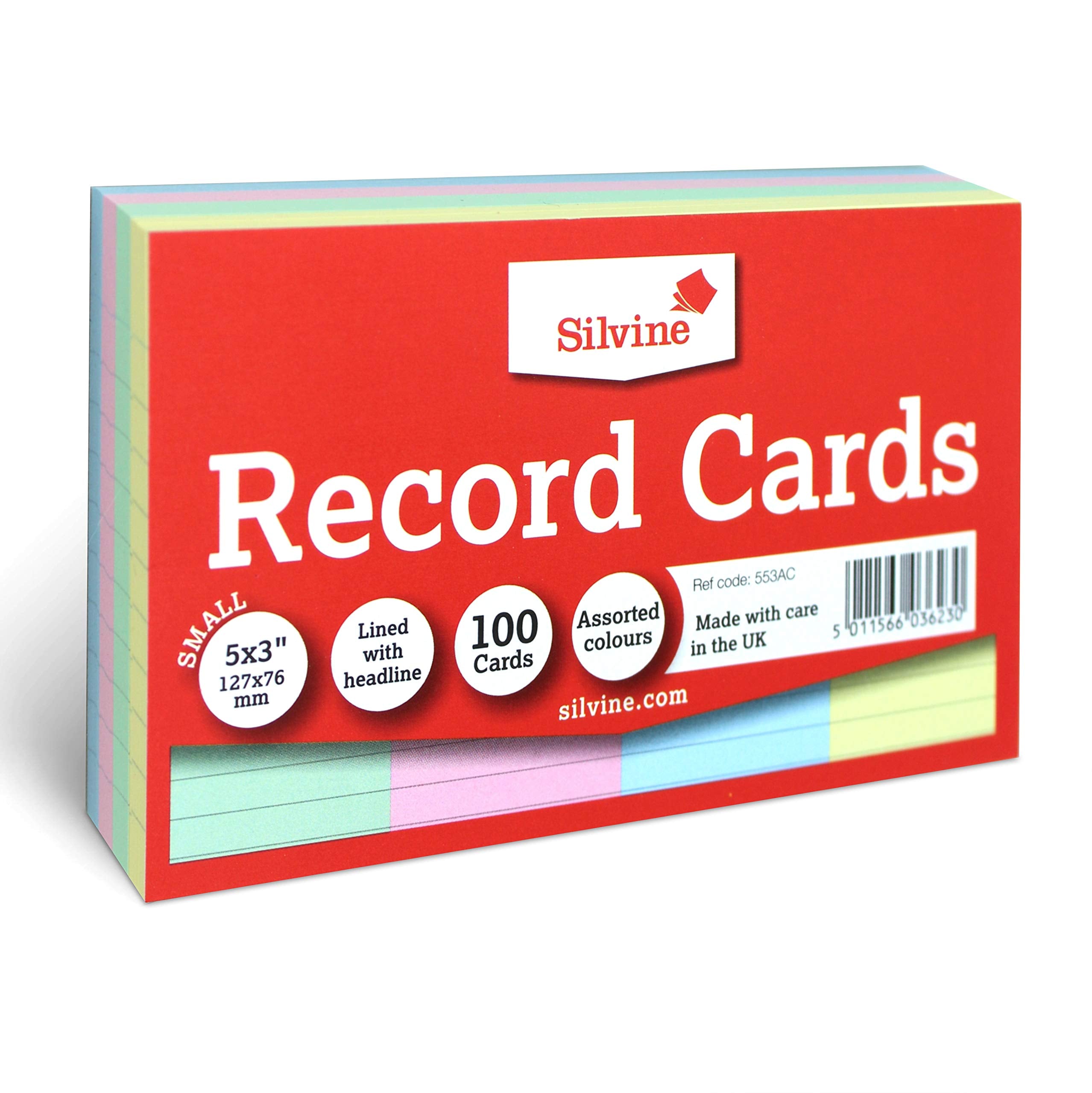 Silvine 5x3" Lined Multi-coloured Index Cards - 100 Pack (127 x 76mm) Ref 553AC