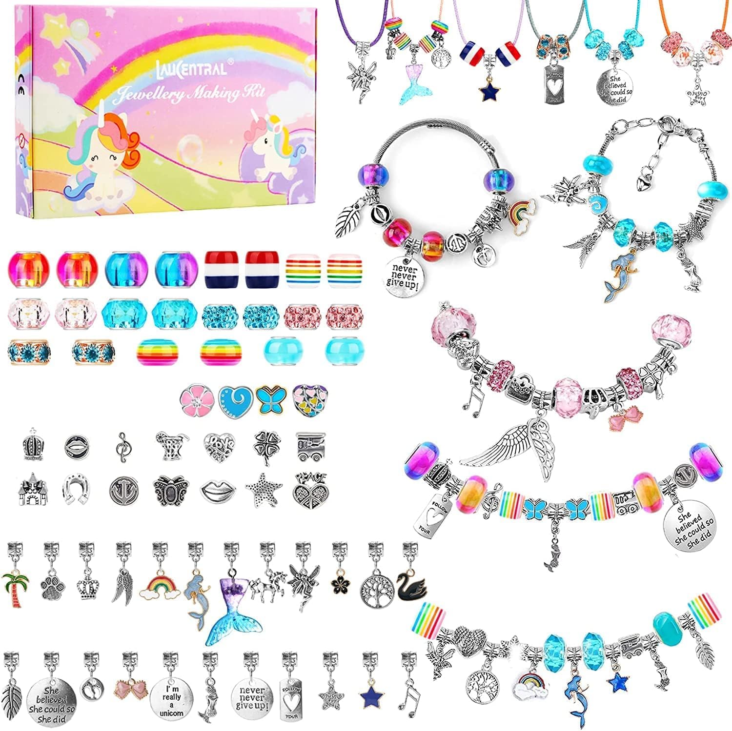 LauCentral 73 Piece Charm Bracelet Making Kit for Kids | Metal & Rainbow Beads | TY004
