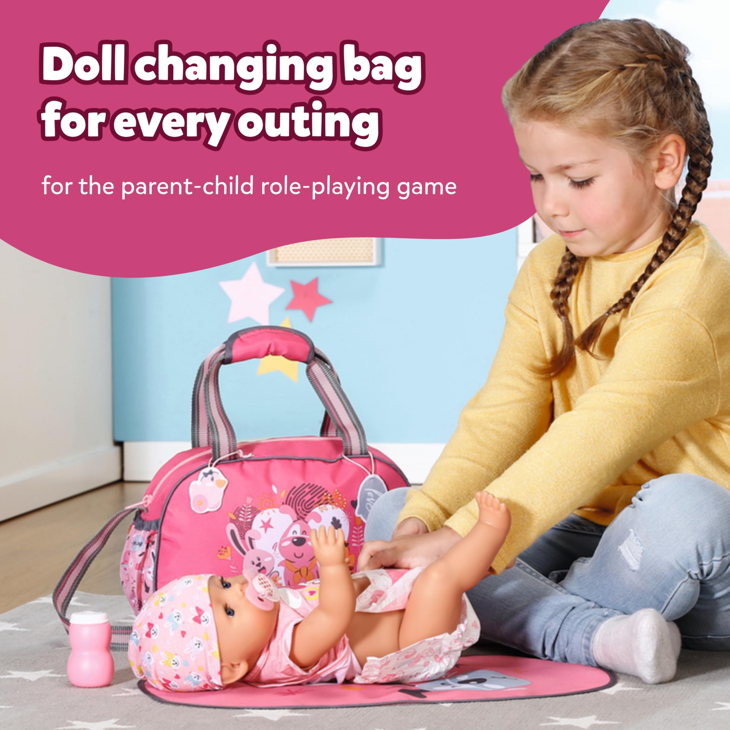 BABY born Doll Changing Bag - Pink Shoulder Bag with Changing Mat, Lotion Bottle & Nappy 18