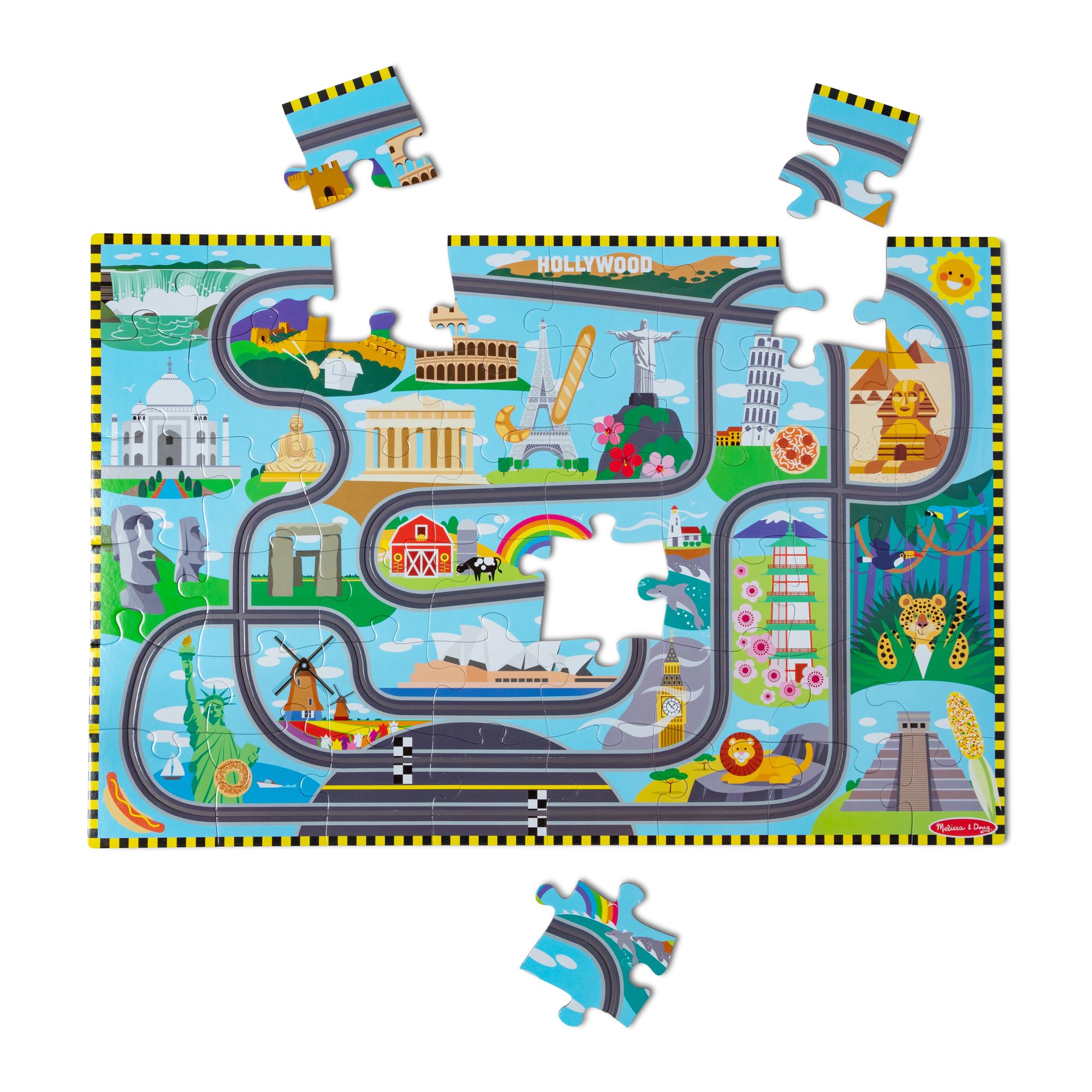 Melissa & Doug Race Around the World Floor Puzzle - 48 Pieces, Includes 2 Wind-Up Vehicles | Ages 3+ 4