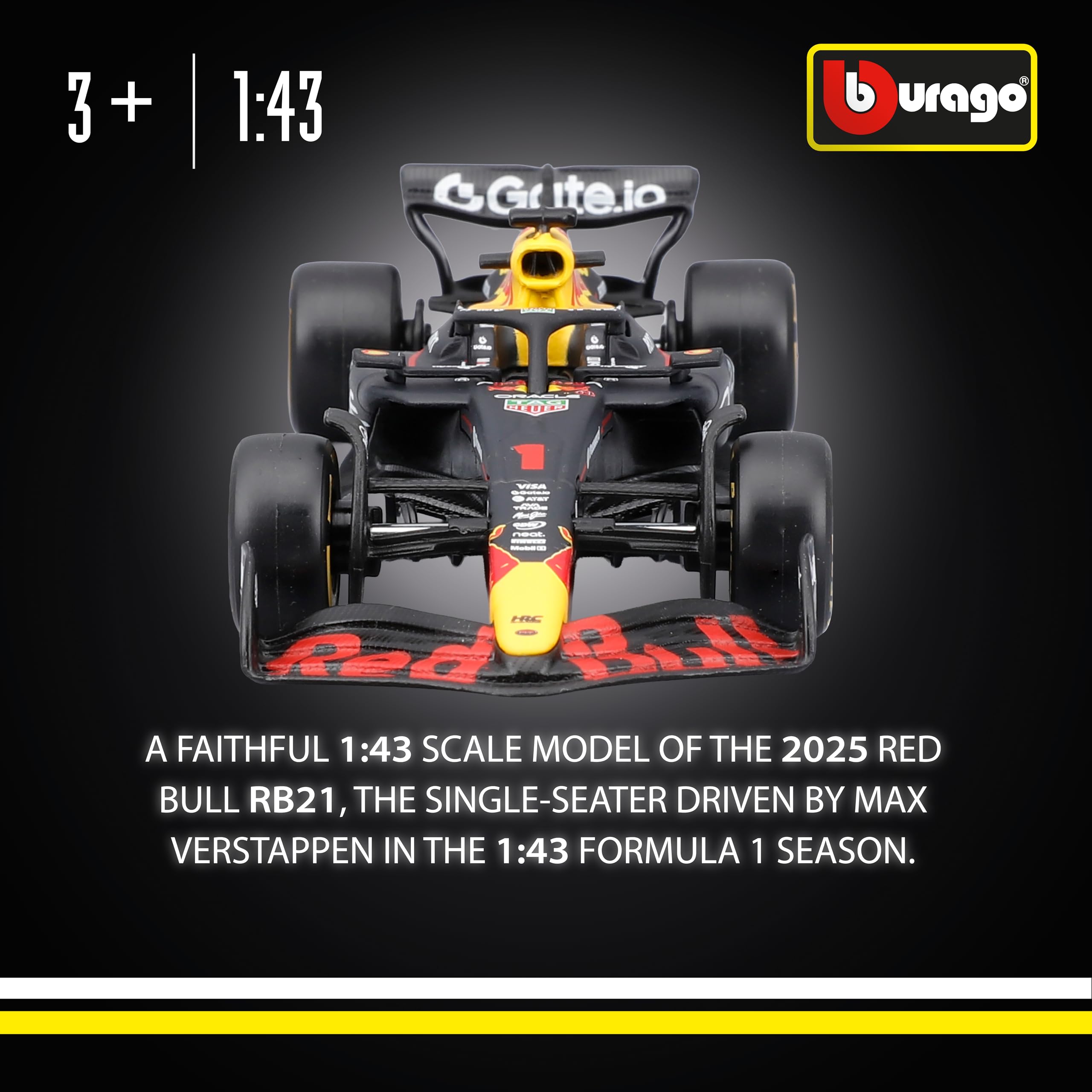 Bburago Red Bull Racing RB21 2025 #1 Verstappen 1:43 Scale Diecast Car | Metal | Red With Black Accents
