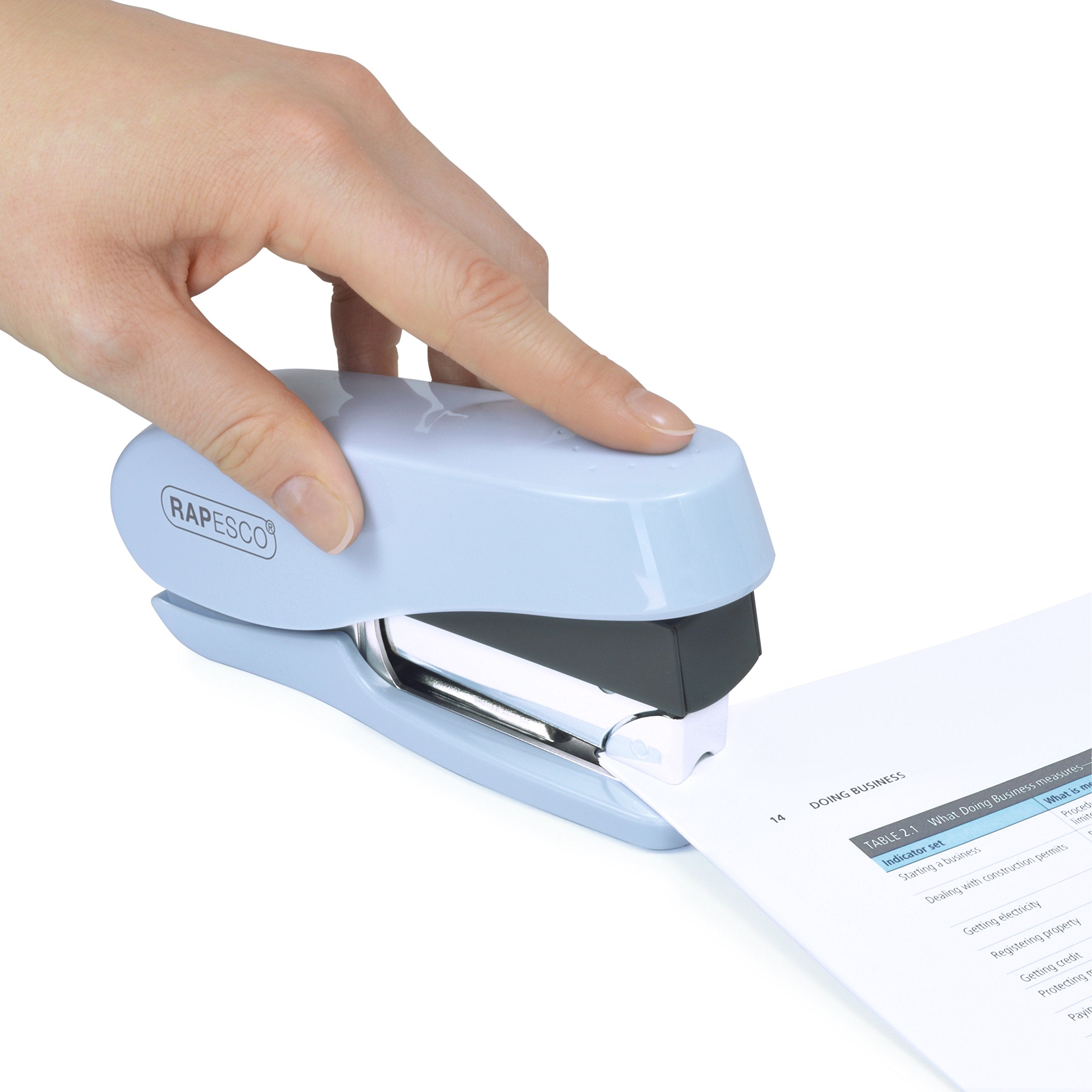 RAPESCO Luna Less Effort Desktop Stapler | 50 Sheet Capacity | Powder Blue | Includes 2000 Staples