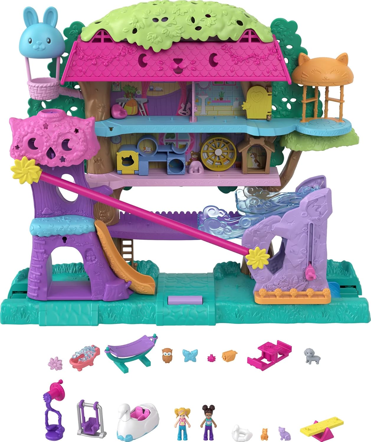 Polly Pocket Pollyville Pet Adventure Treehouse Playset - 5-Floor Treehouse with Micro Dolls & Swan Vehicle