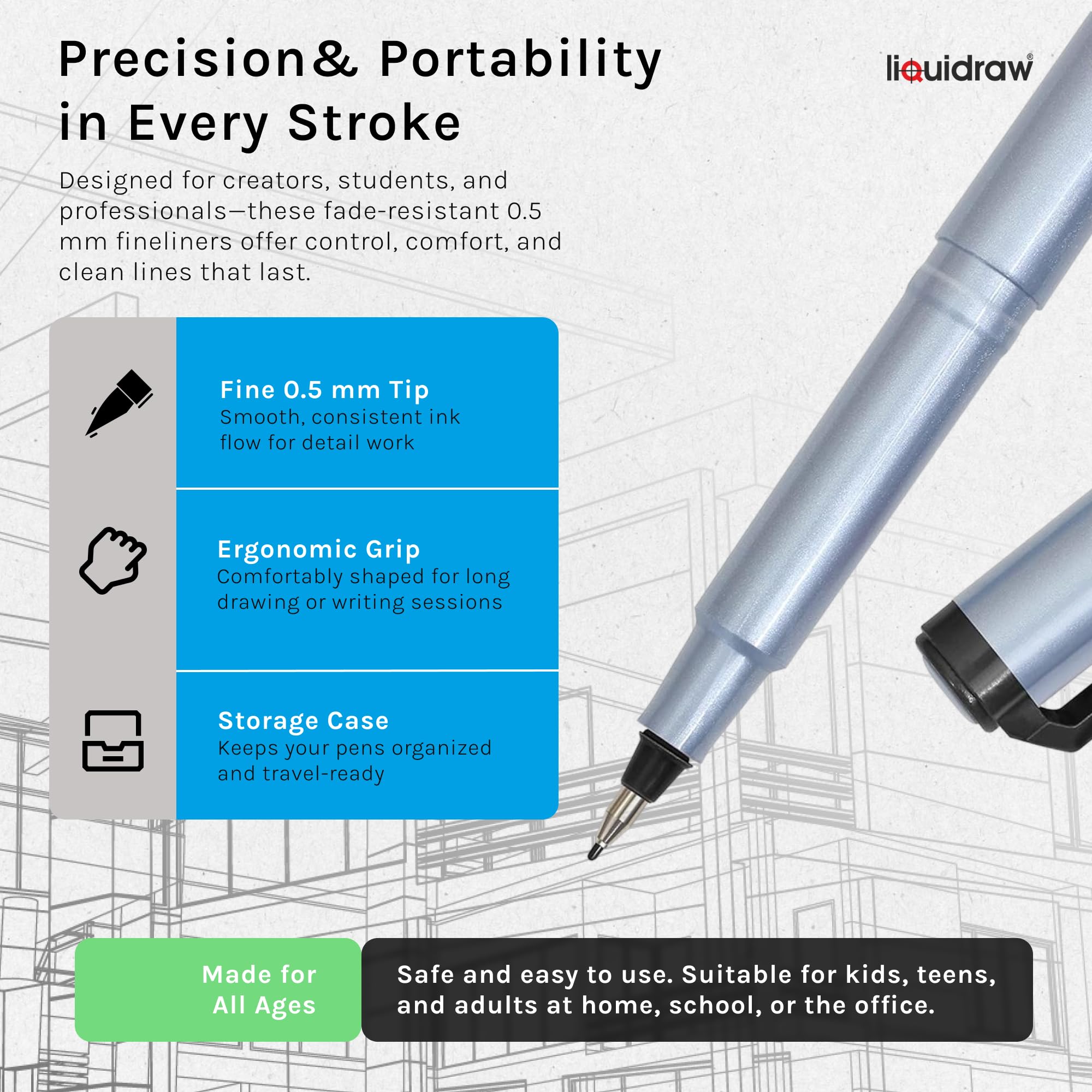 Liquidraw Fineliner Pens Set - 10 Pack Black Ink | 0.5mm Fine Point | Fade Resistant