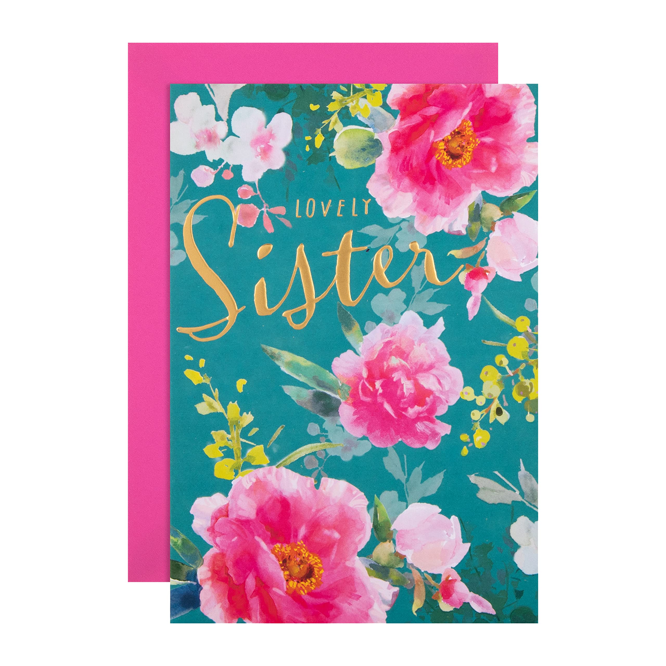 Hallmark Birthday Card for Sister - Floral Design with Gold Foil & 3D Attachment | 20.2cm x 13.8cm