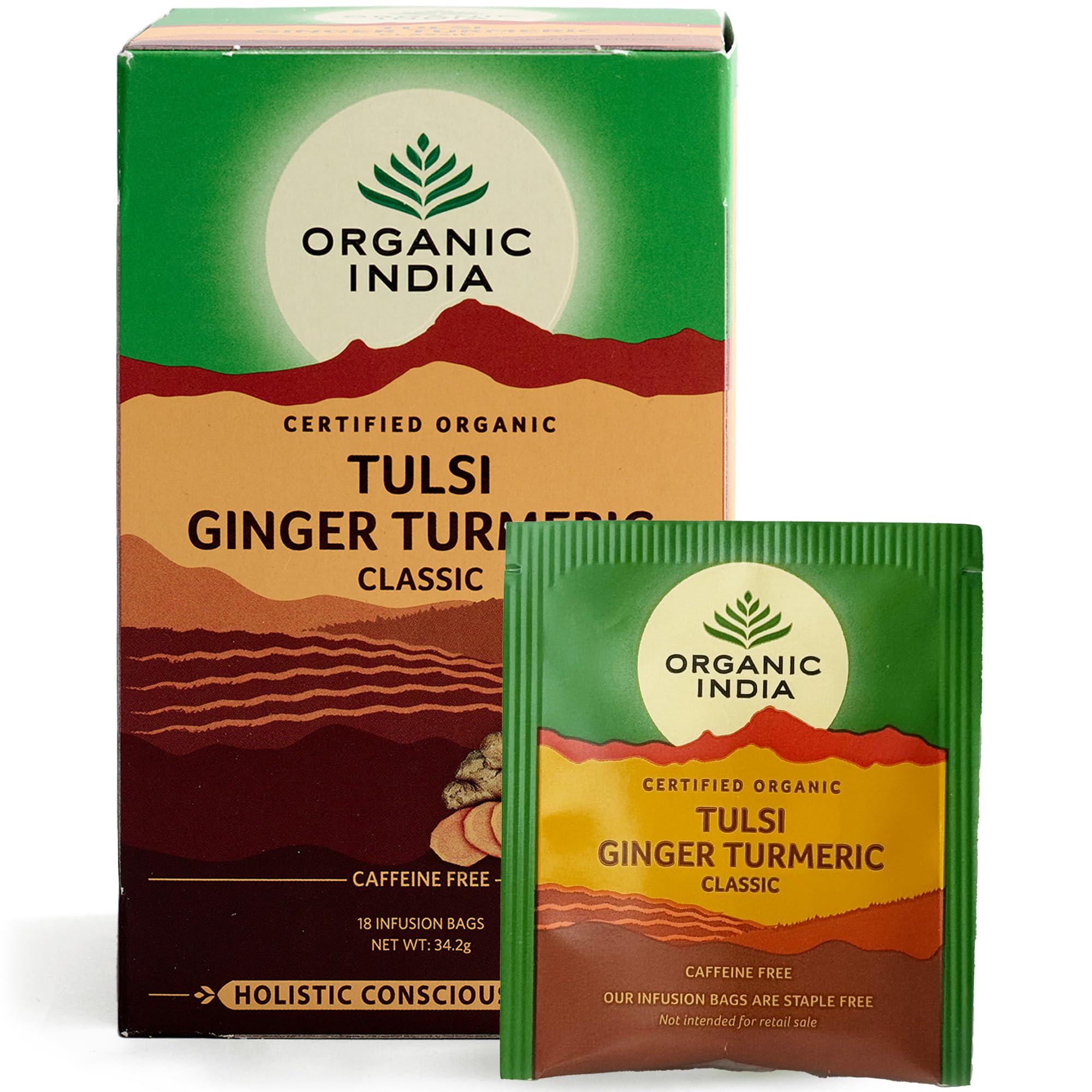 Organic India Tulsi Ginger Turmeric Tea, Caffeine-Free, Certified Organic Herbal Tea
