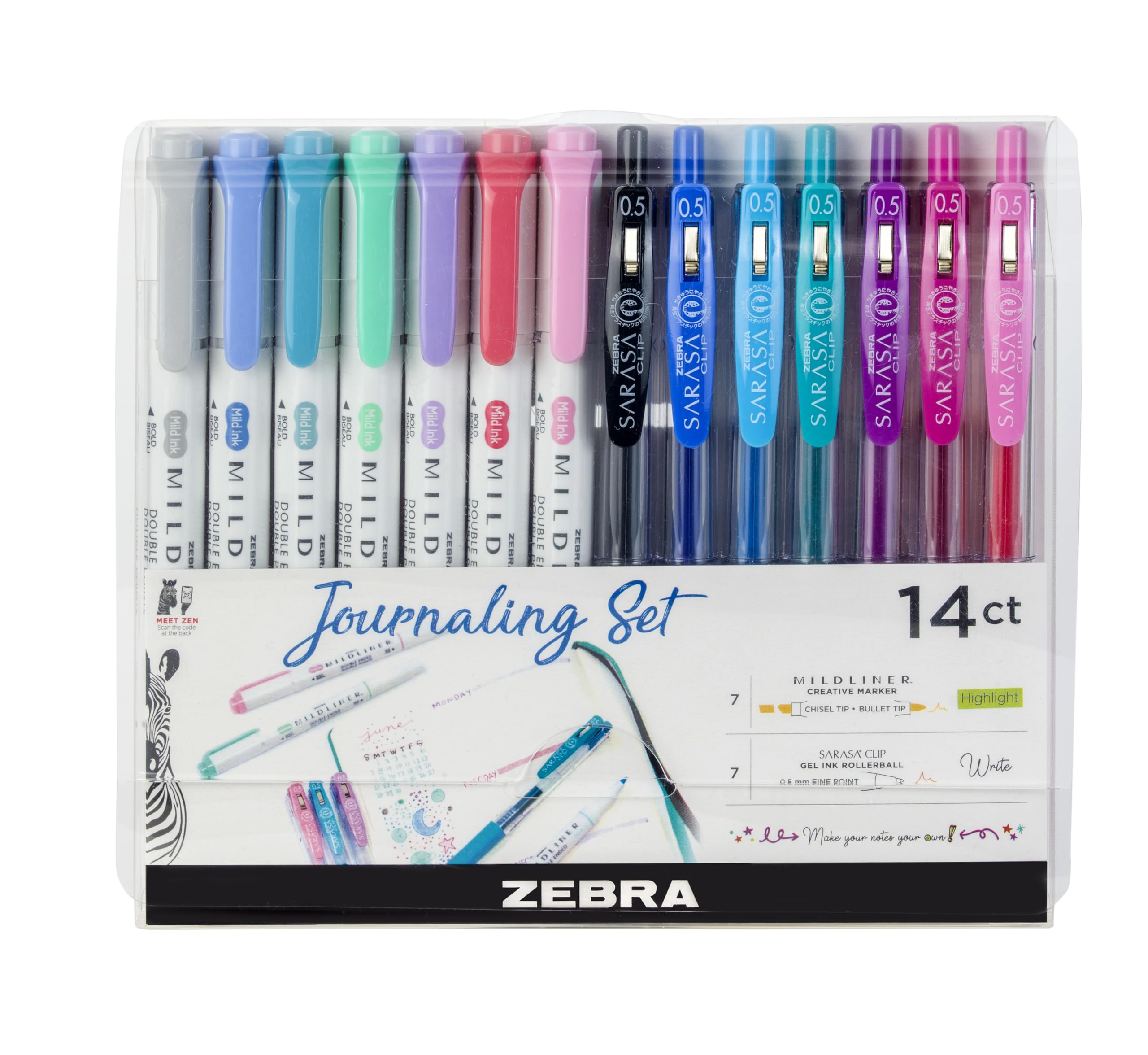 Zebra Pen MILDLINER Dual Tip Highlighter Journaling Set - 14 Count | Water Resistant Ink | Fine & Broad Tips