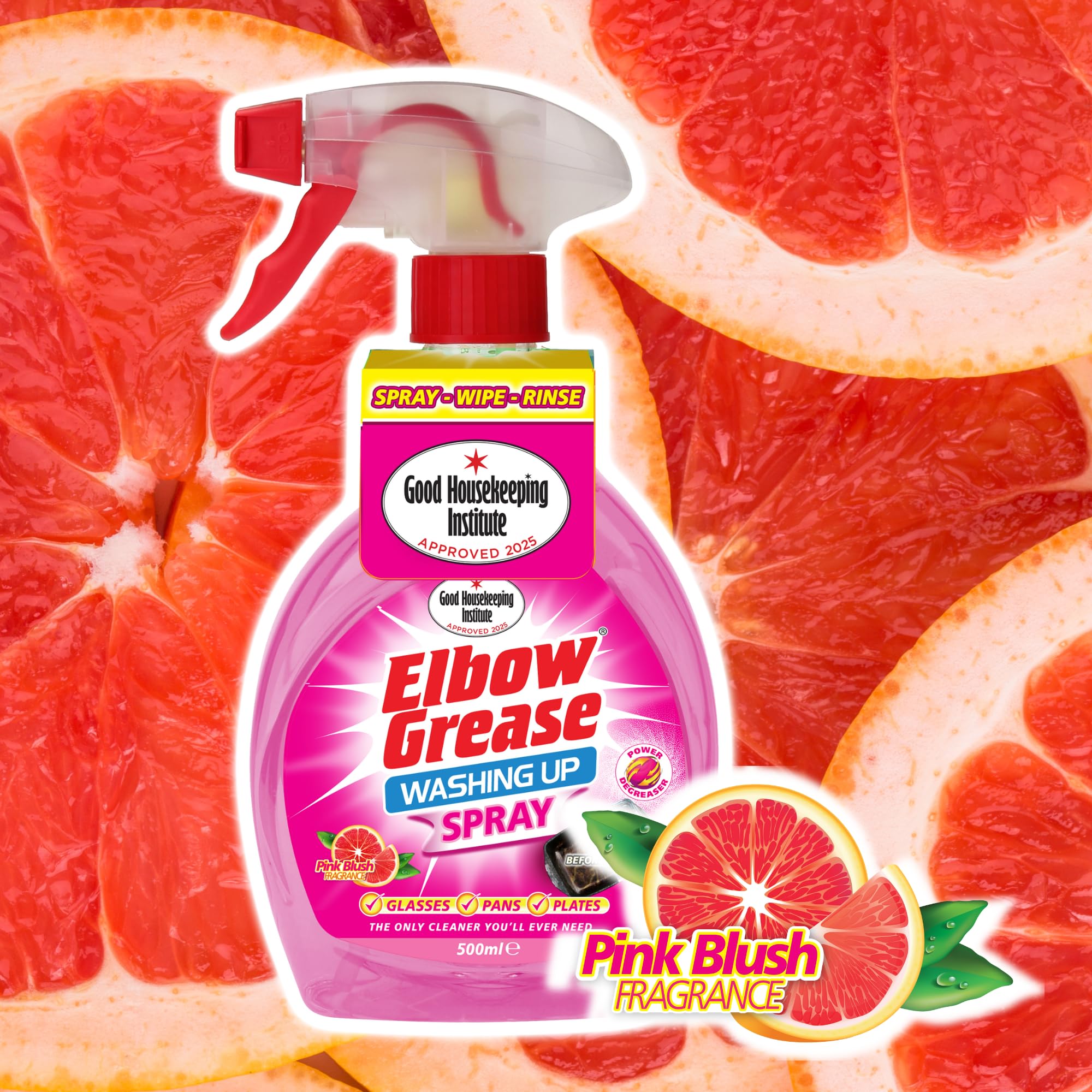 Elbow Grease Washing Up Spray - Fast-Acting Degreaser | 500ml Pink Grapefruit 4