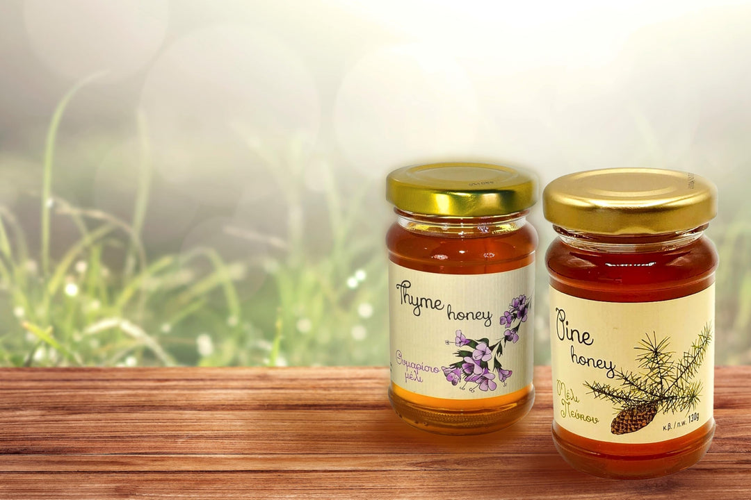 Melissokomiki Dodecanese Greek Honey Gift Set with Wooden Dipper – Raw Thyme & Pine Honey (130g each)