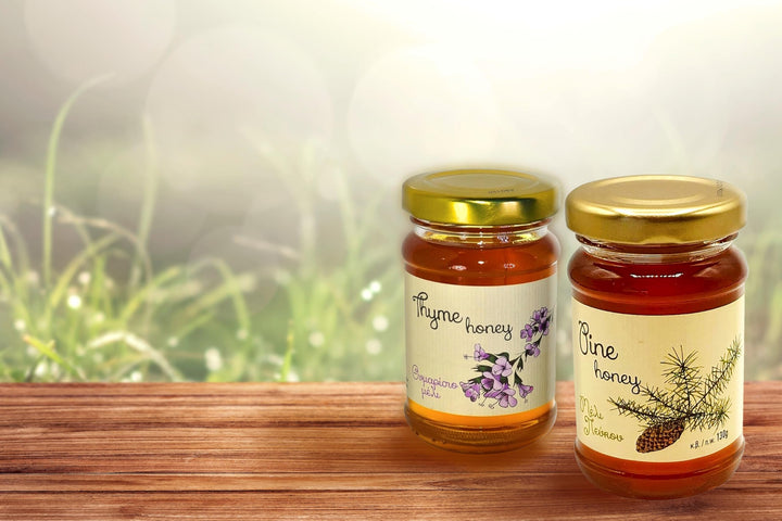 Melissokomiki Dodecanese Greek Honey Gift Set with Wooden Dipper – Raw Thyme & Pine Honey (130g each)