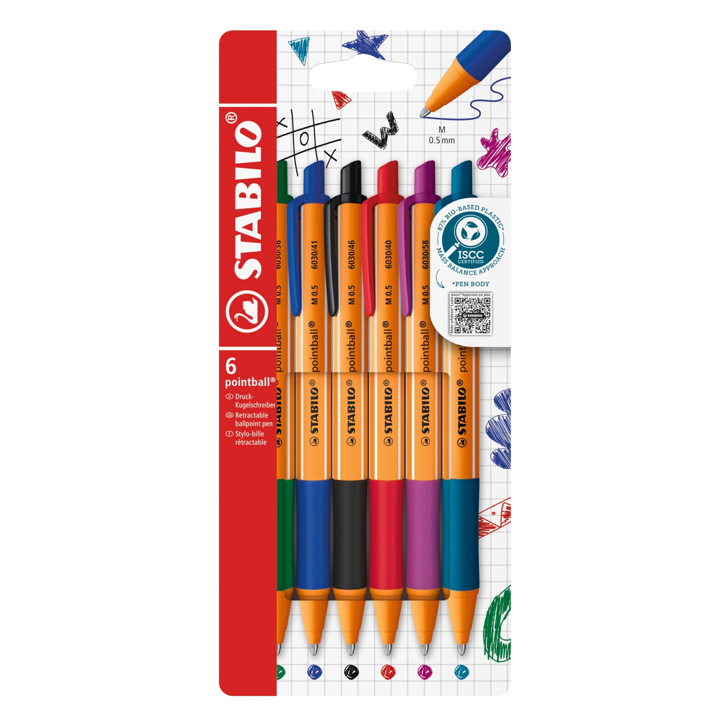STABILO pointball Retractable Ballpoint Pen - 0.5mm Line Width | Pack of 6 (Multicolor)