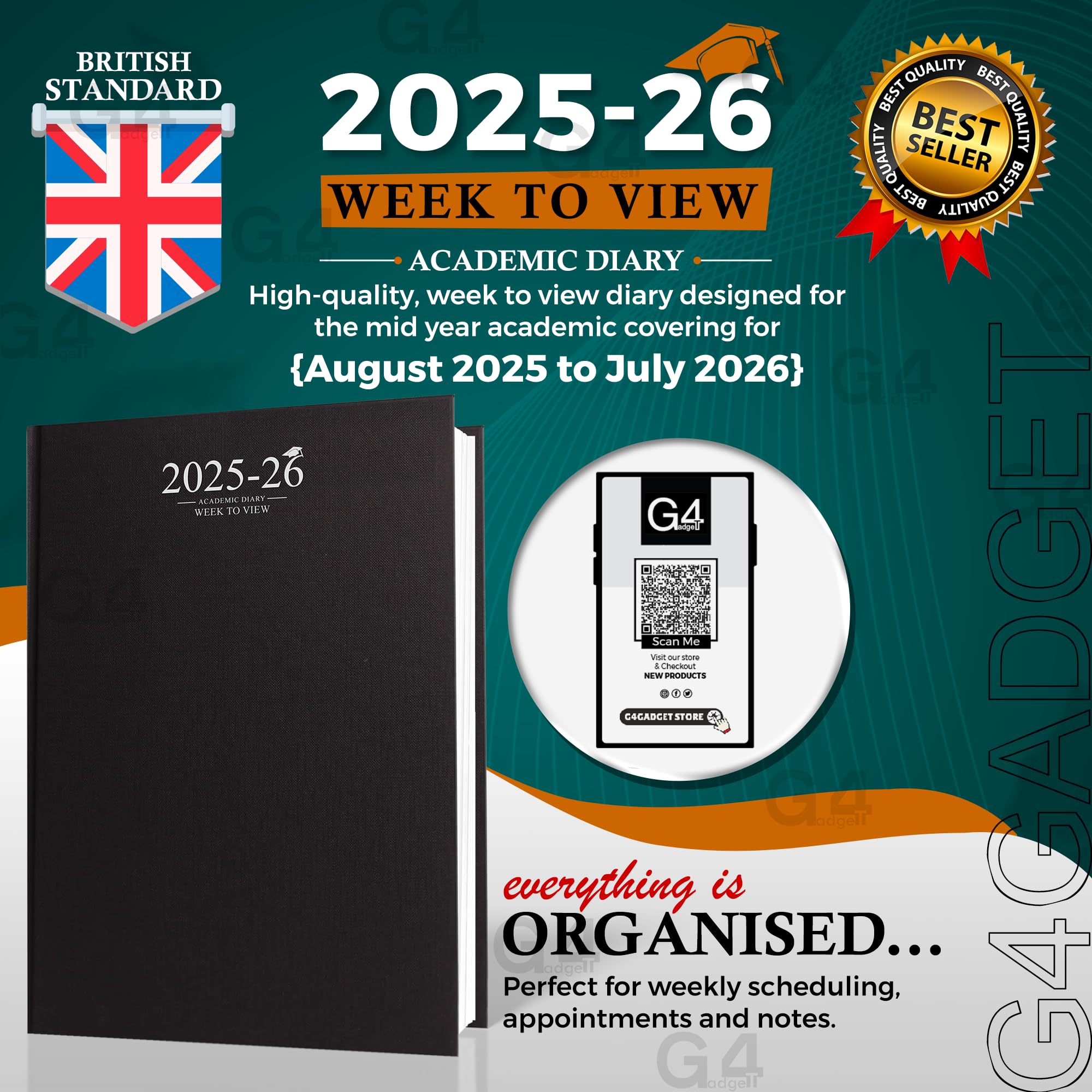G4GADGET 2025-2026 Academic Diary | A4 Week to View | Black Case Binding