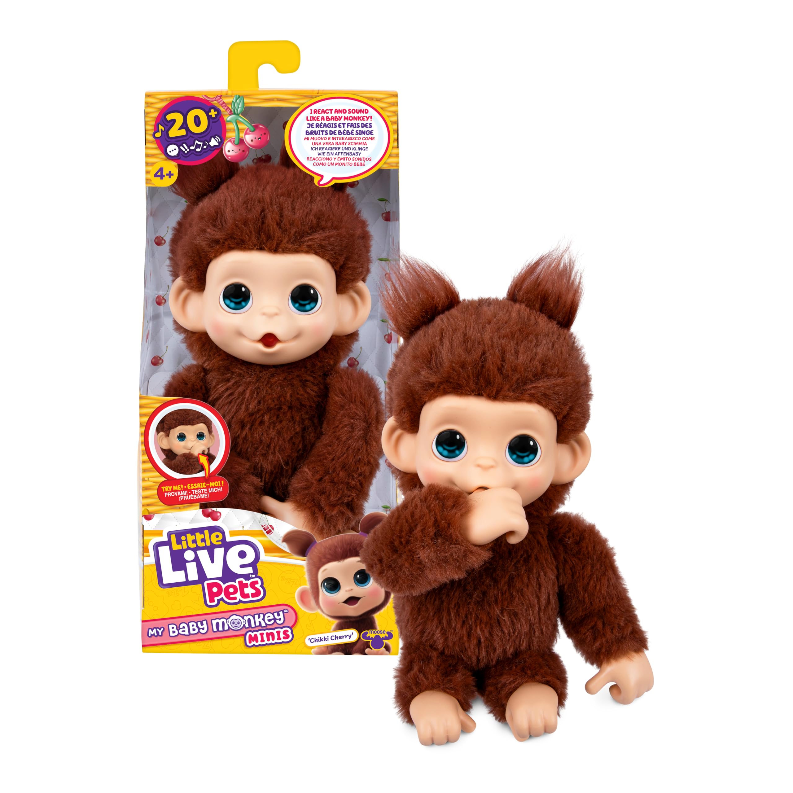 Little Live Pets Baby Monkey Minis - Chikki Cherry Interactive Plush Toy | 20+ Sounds | 7.4in Tall