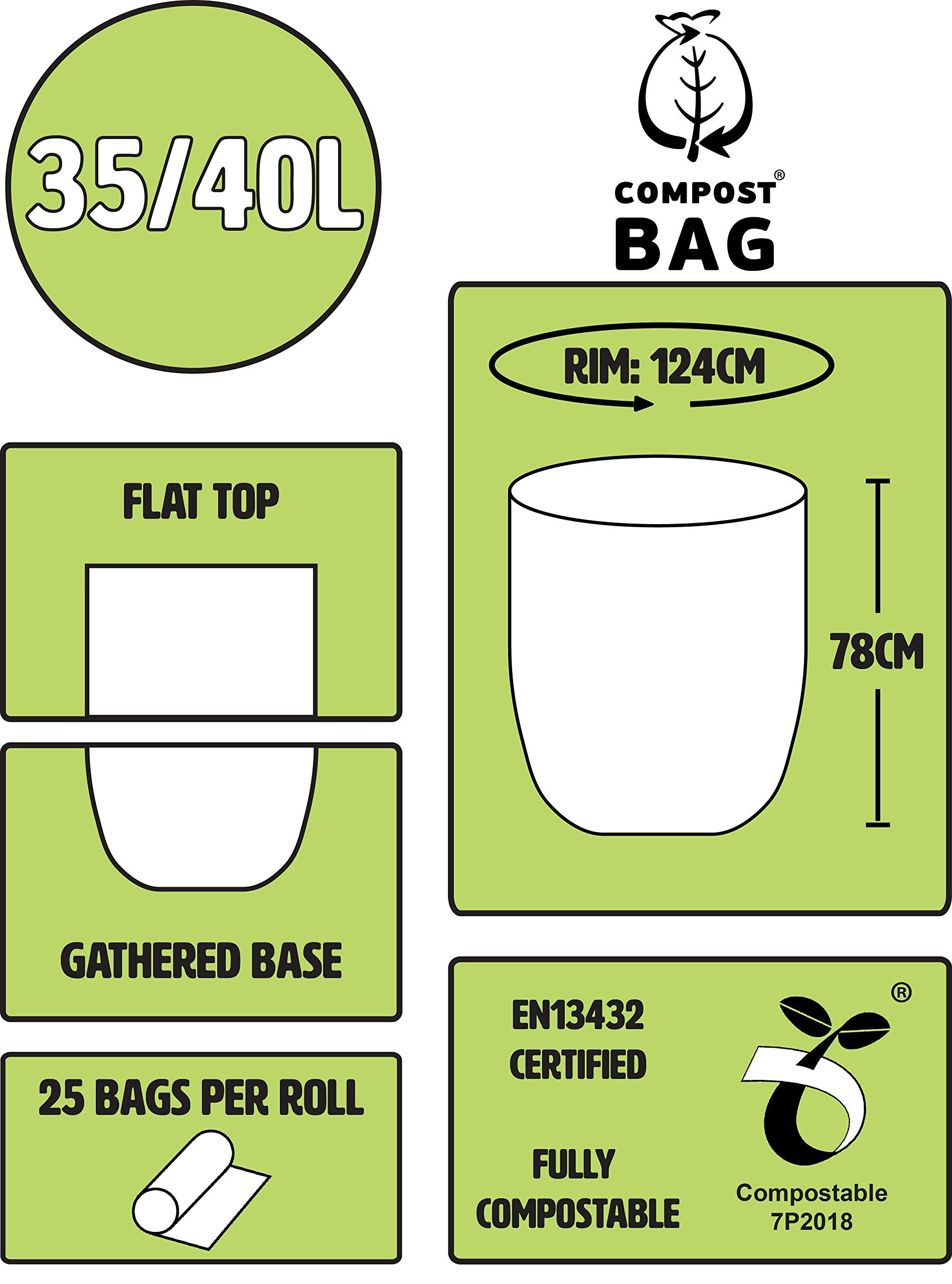 All-Green Food Waste Bin Liners 35/40 Litre Compostable Bags, Pack of 25 | Certified EN 13432 2