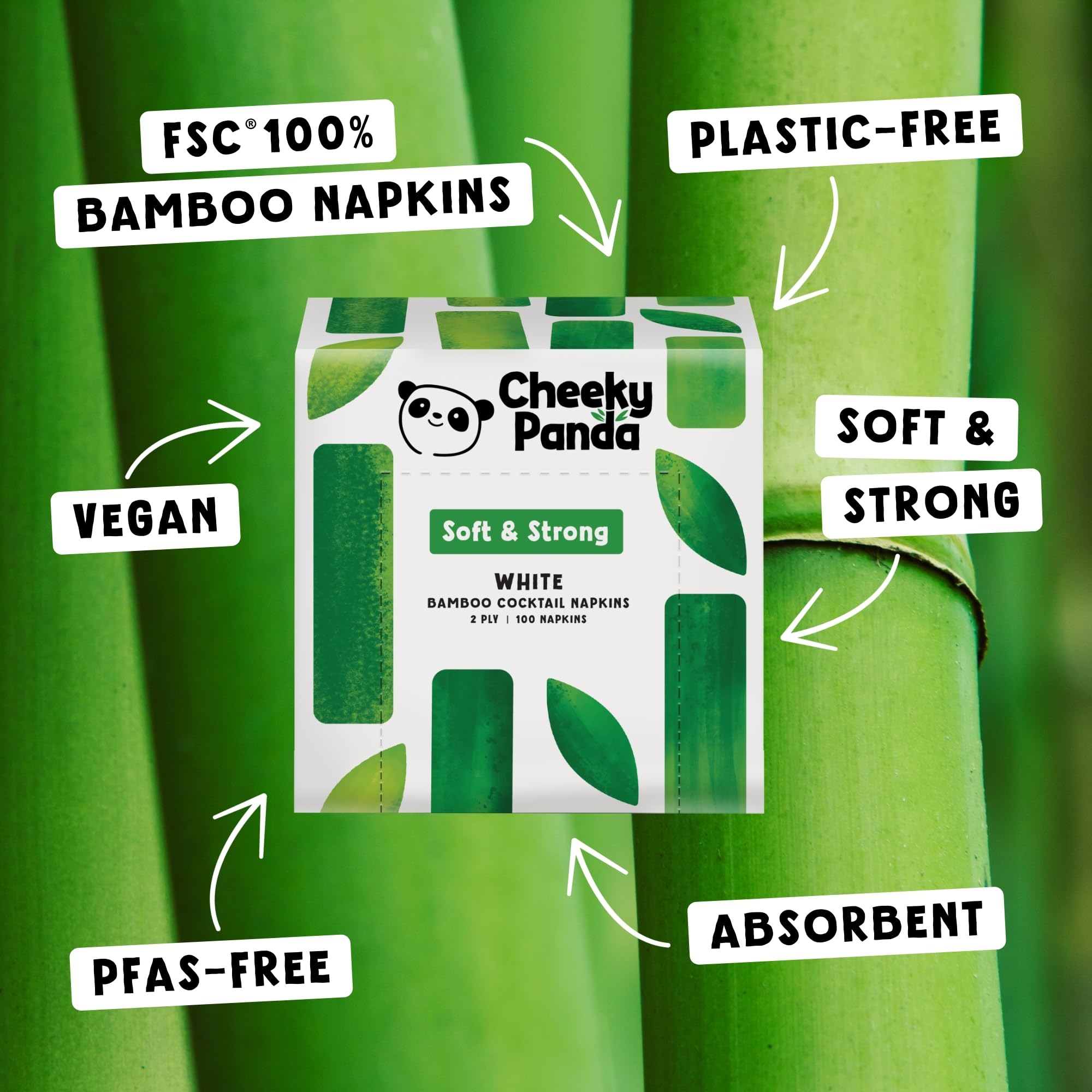 The Cheeky Panda Bamboo Paper Disposable Napkins - 2 Ply, 25 x 25cm, Pack of 100 White Serviettes