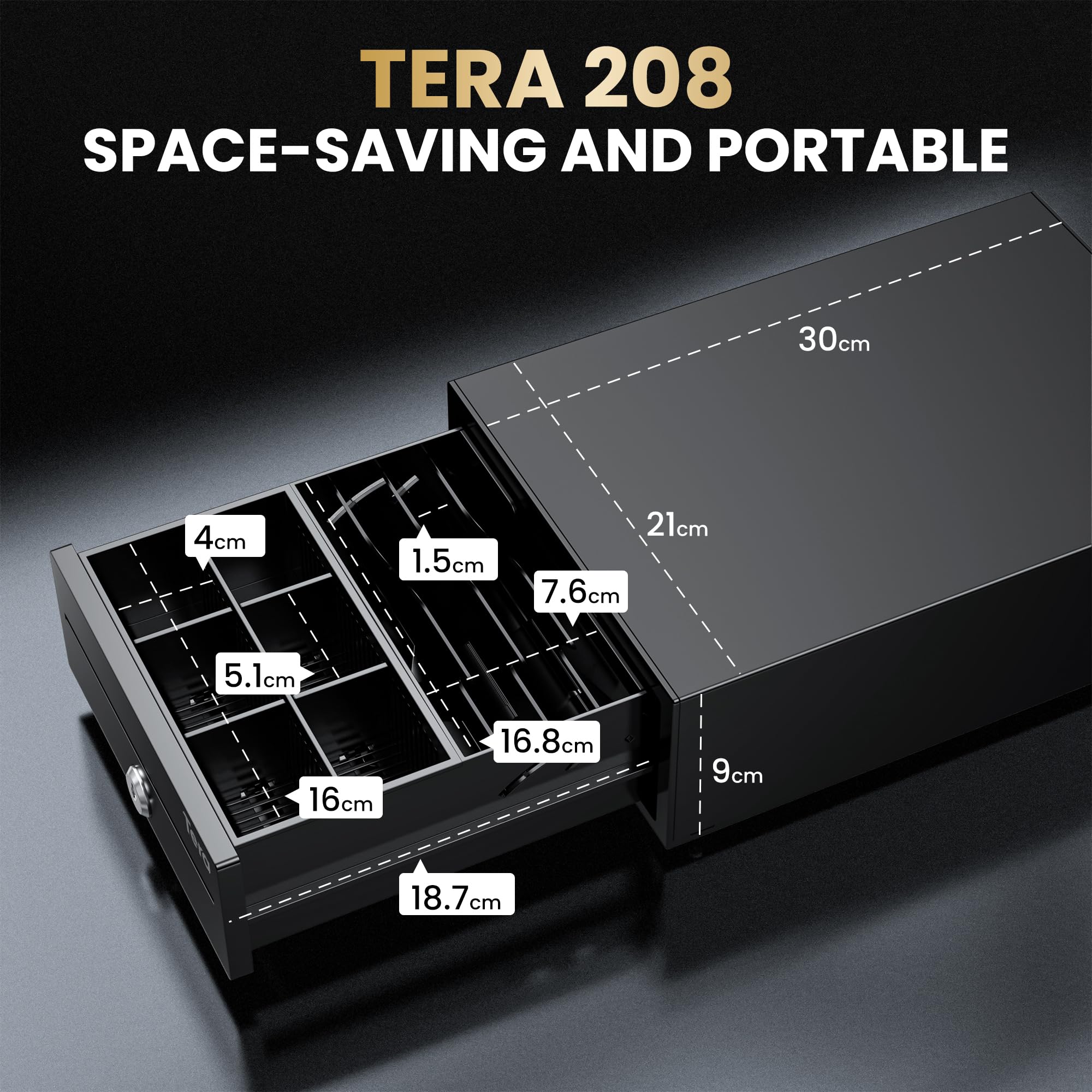 Tera 8'' Mini Cash Drawer Register - Compact 4 Bill/6 Coin Tray | RJ12 Compatible | Black
