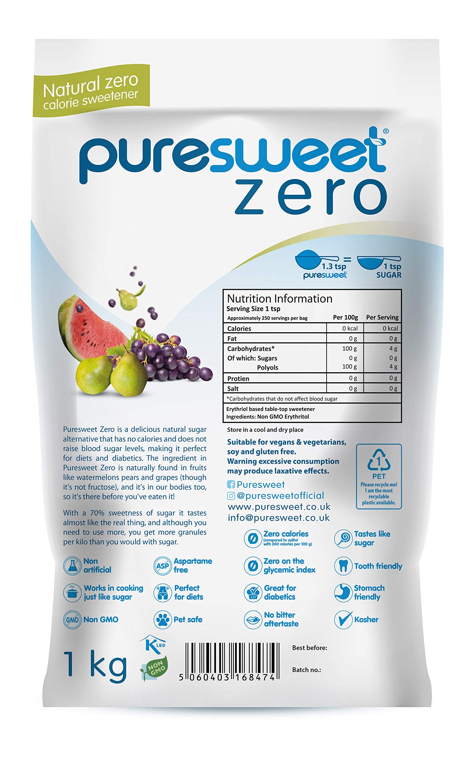 Puresweet Zero Natural Zero Calorie Sweetener - 1kg Erythritol Powder | Diabetic Friendly 2