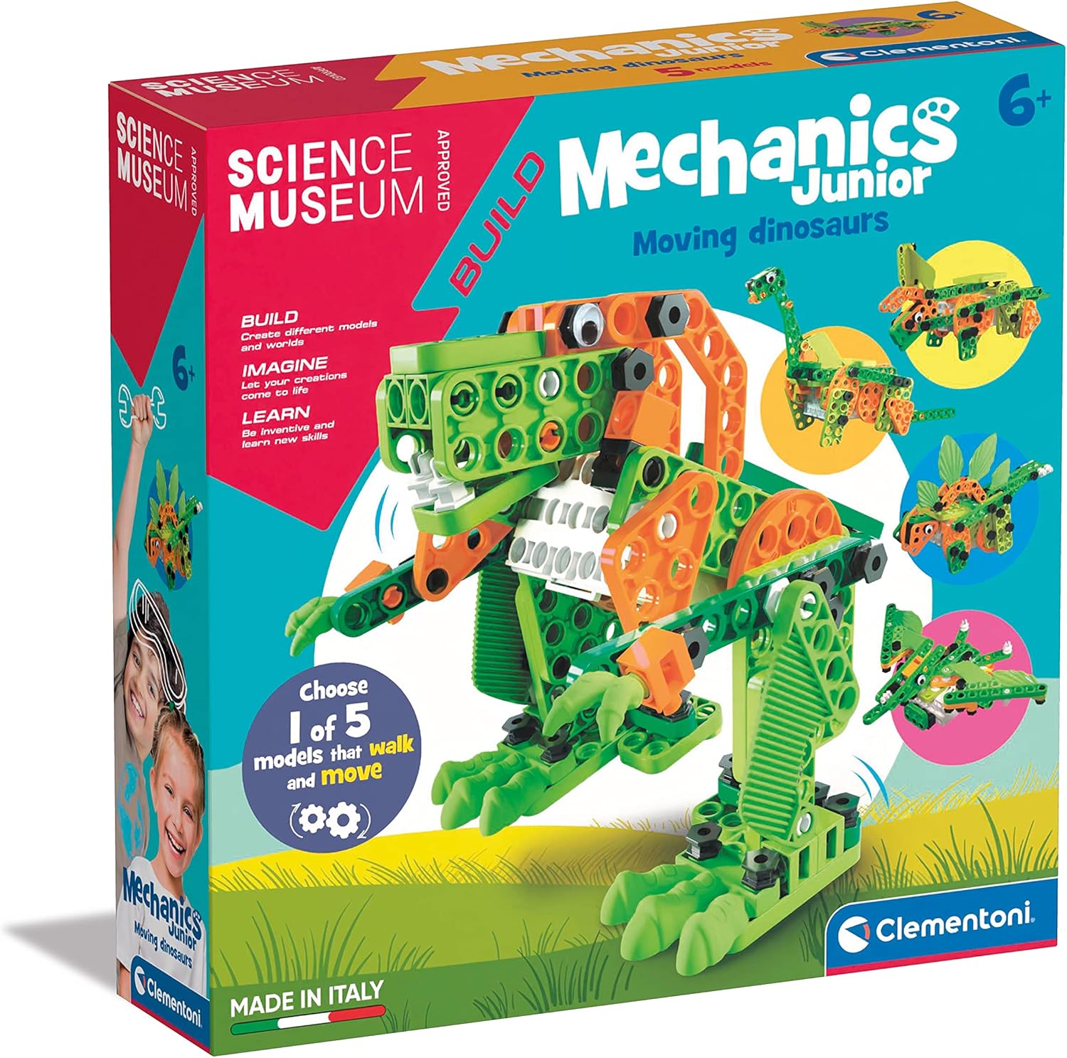 Clementoni Science Museum Mechanics Junior Moving Dinosaurs Building Kit - 5 Motorised Dinosaur Models for Kids 6+