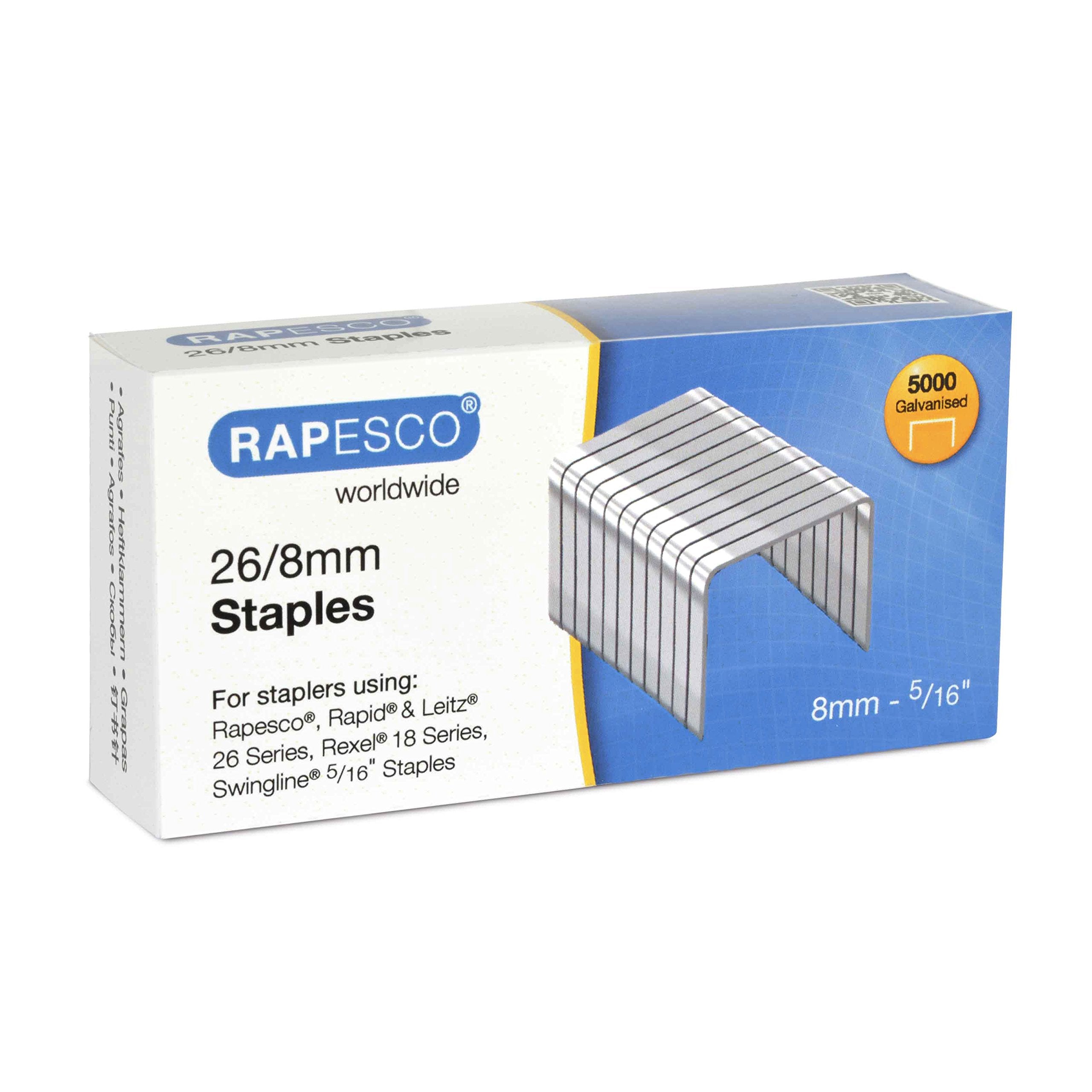 RAPESCO S11880Z3 Galvanised Staples 26/8mm | Box of 5,000 | Rust-Resistant Chisel Point