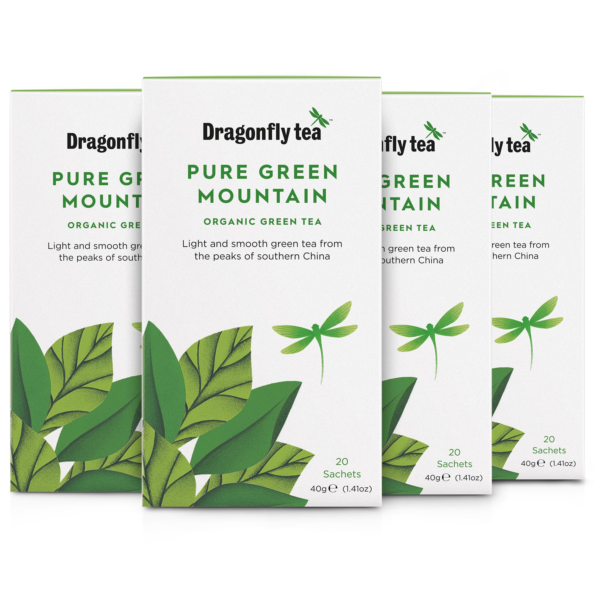 DRAGONFLY Pure Green Mountain Organic Green Tea Bags - 80 Count (4 x 20 Bags) | Antioxidant Rich