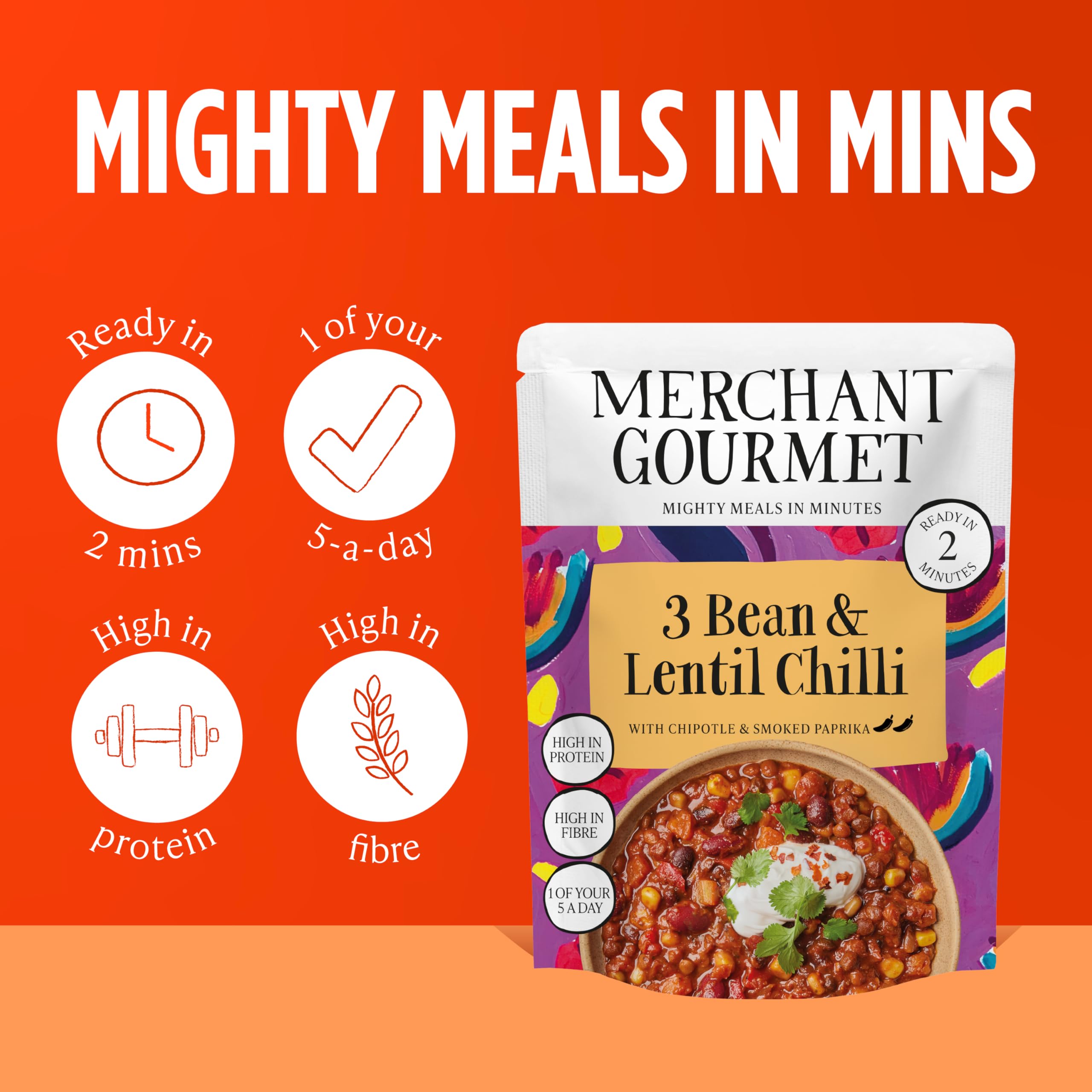 Merchant Gourmet Ready-to-Eat 3-Bean & Lentil Chilli with Chipotle | 6 x 280g Pouches | High Protein & Fibre 3