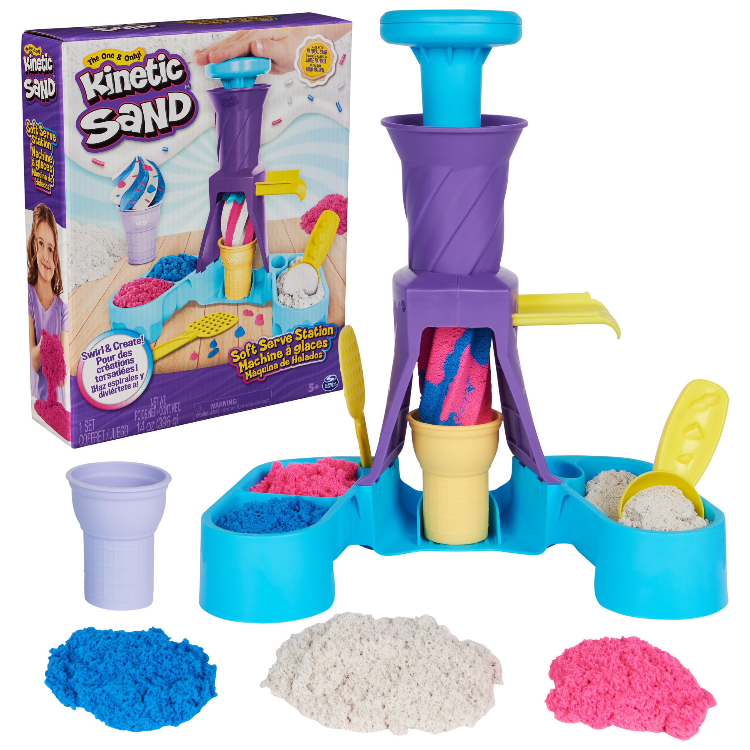 Kinetic Sand Soft Serve Station Craft Kit with 396g Sand (Blue, Pink, White) | Ages 5+